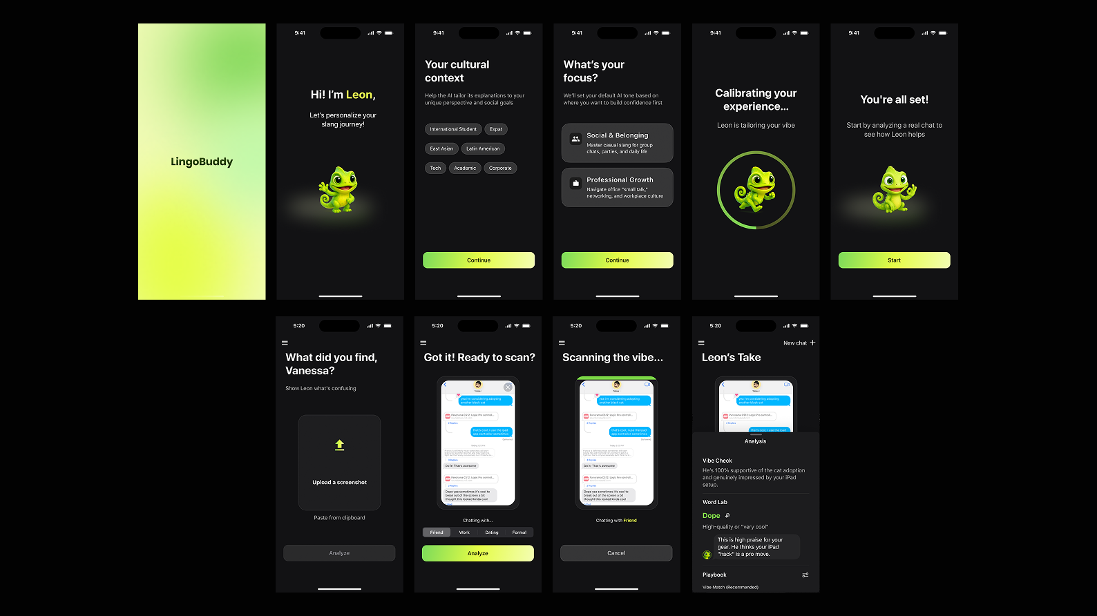 A grid of 10 mobile screens showing the full LingoBuddy journey: from onboarding and cultural context-setting to the AI-powered scanning animation and the final slang analysis sheet