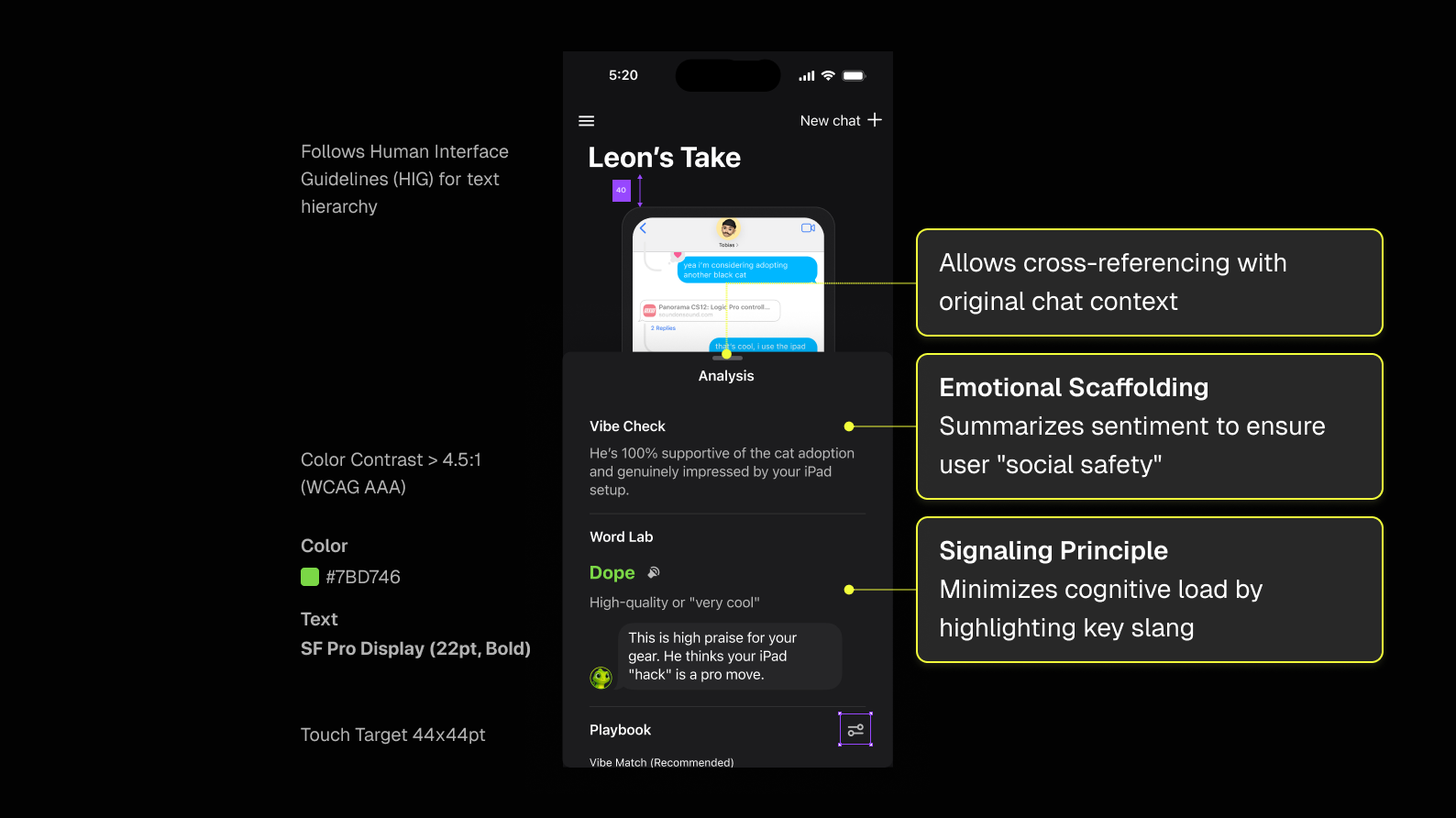Annotated UI showing learning science rationales (Signaling, Scaffolding) alongside technical specs like WCAG AA contrast, typography, and 44x44pt touch targets