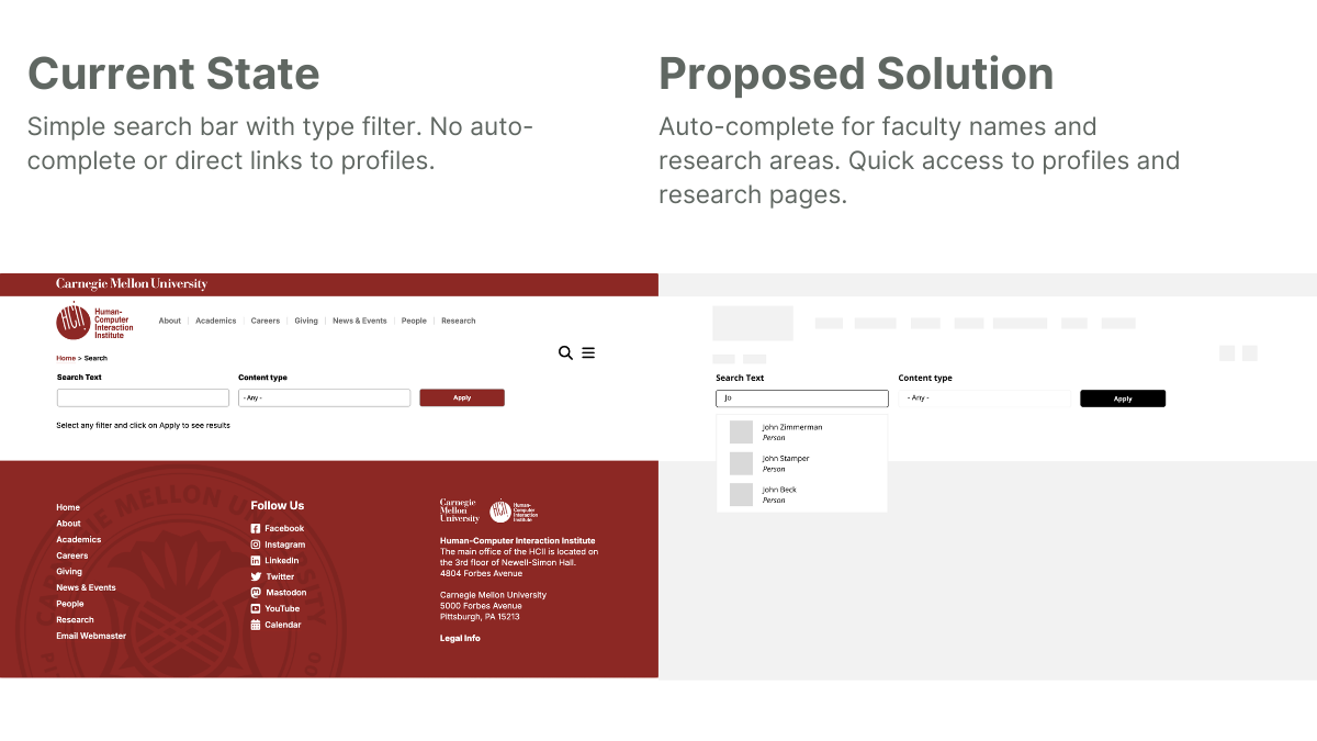 Before and after comparison of the HCII search interface, showing the addition of an auto-complete feature for faculty and research areas.