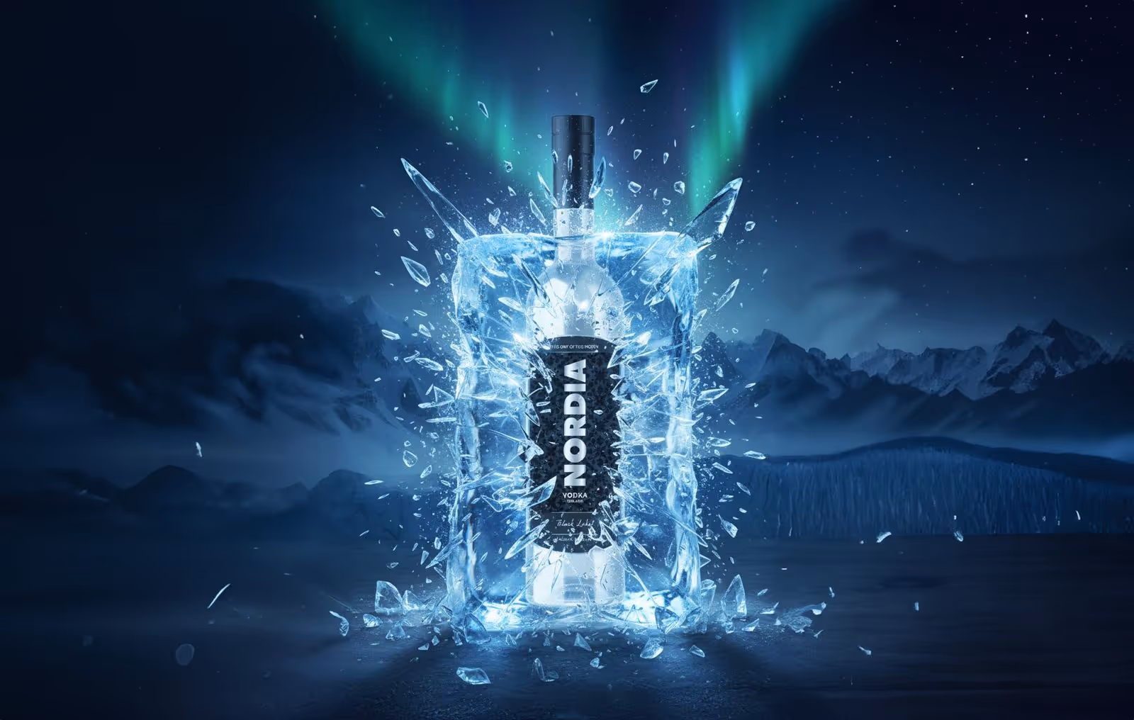 Nordia vodka bottle breaking out of a glowing ice block with northern lights and snowy mountains in the background.