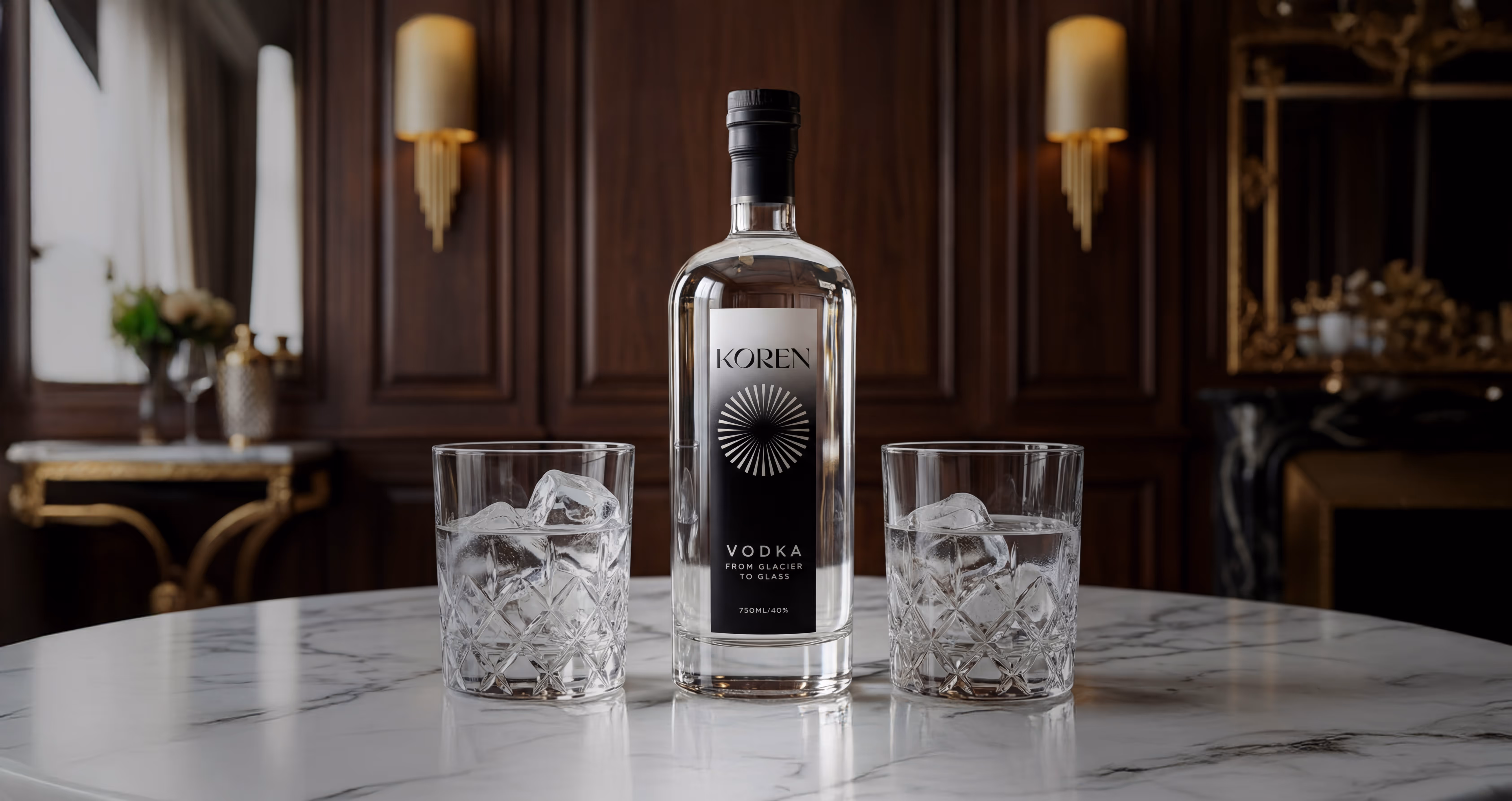 Bottle of Koren vodka with two glasses filled with ice on a marble table in an elegant room with wooden panels and gold accents.