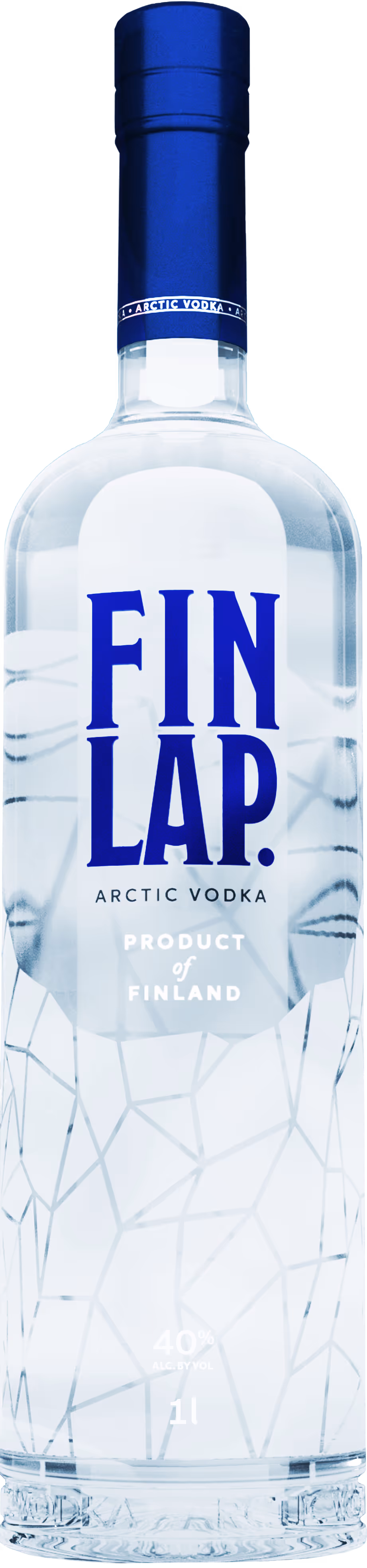 Clear vodka bottle labeled FINLAP Arctic Vodka, product of Finland, with a blue cap and geometric frosted design.