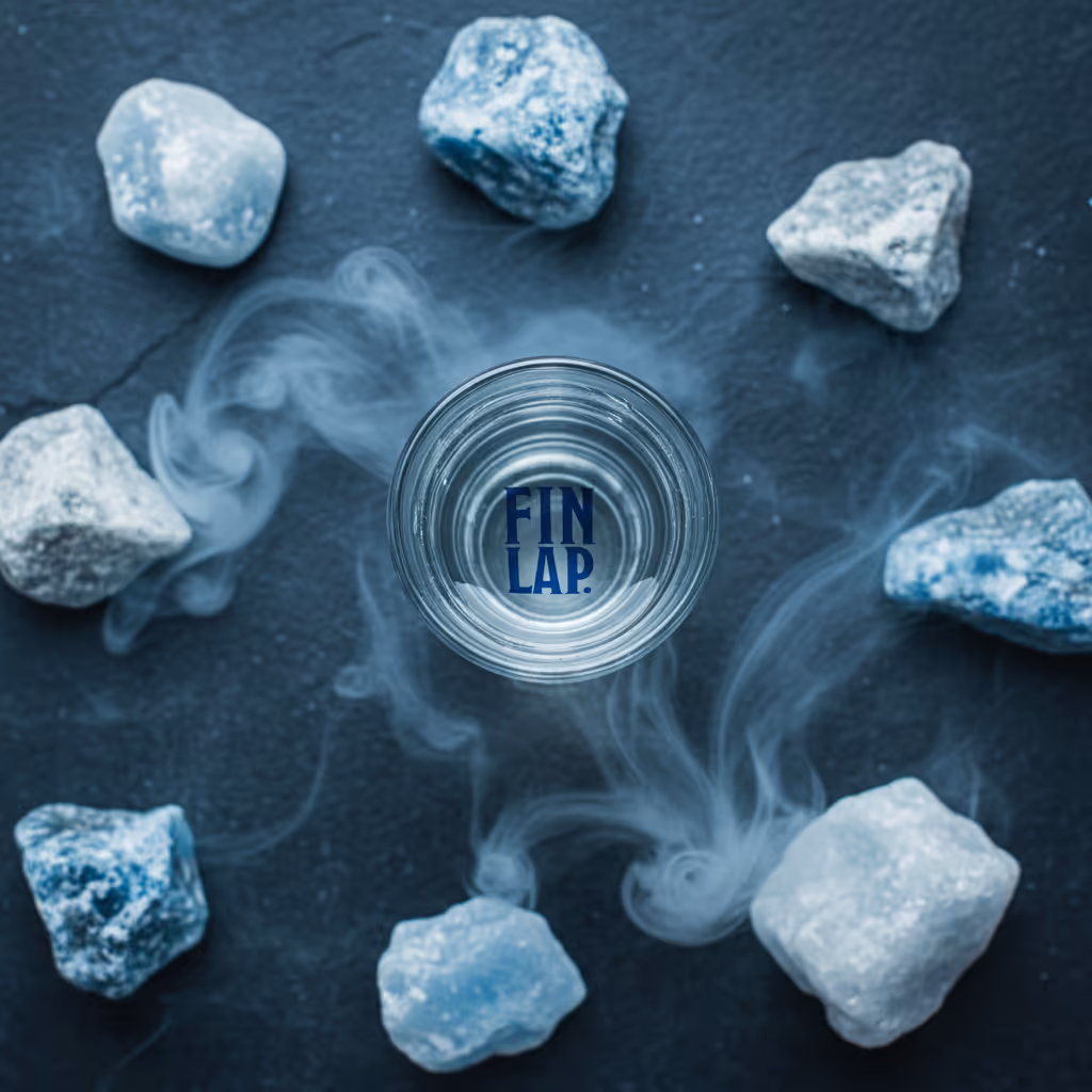 Top view of a glass of clear liquid surrounded by white rocks with mist or smoke curling around them on a dark surface.