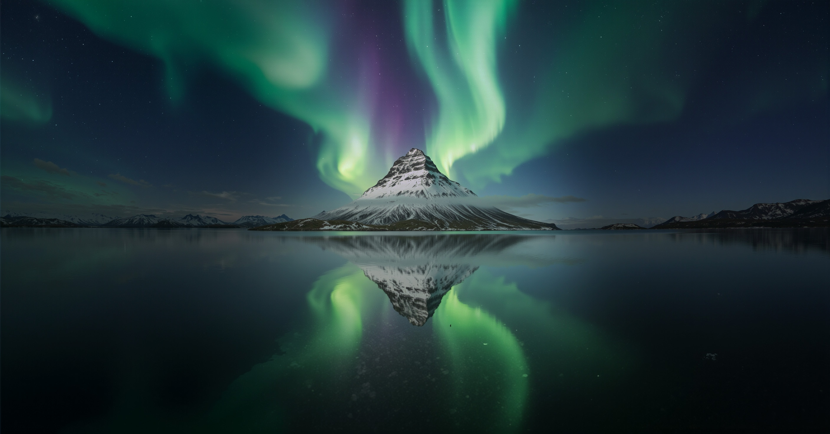 Snow-covered mountain reflected in calm water under a night sky with green and purple northern lights.