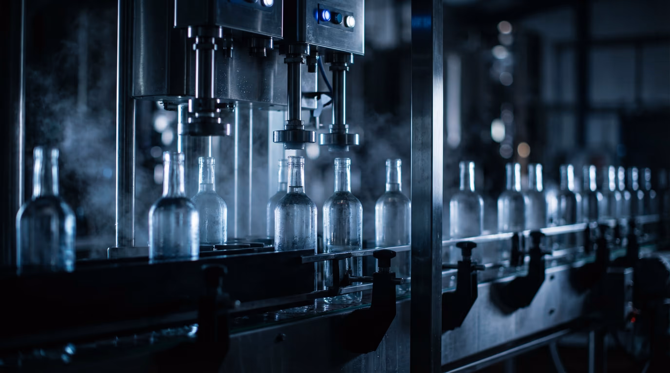 Assembly line with clear glass bottles being filled by automated machinery in a dimly lit factory.