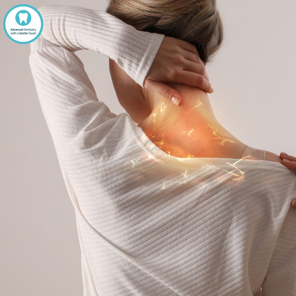A woman with tmj neck and shoulder pain