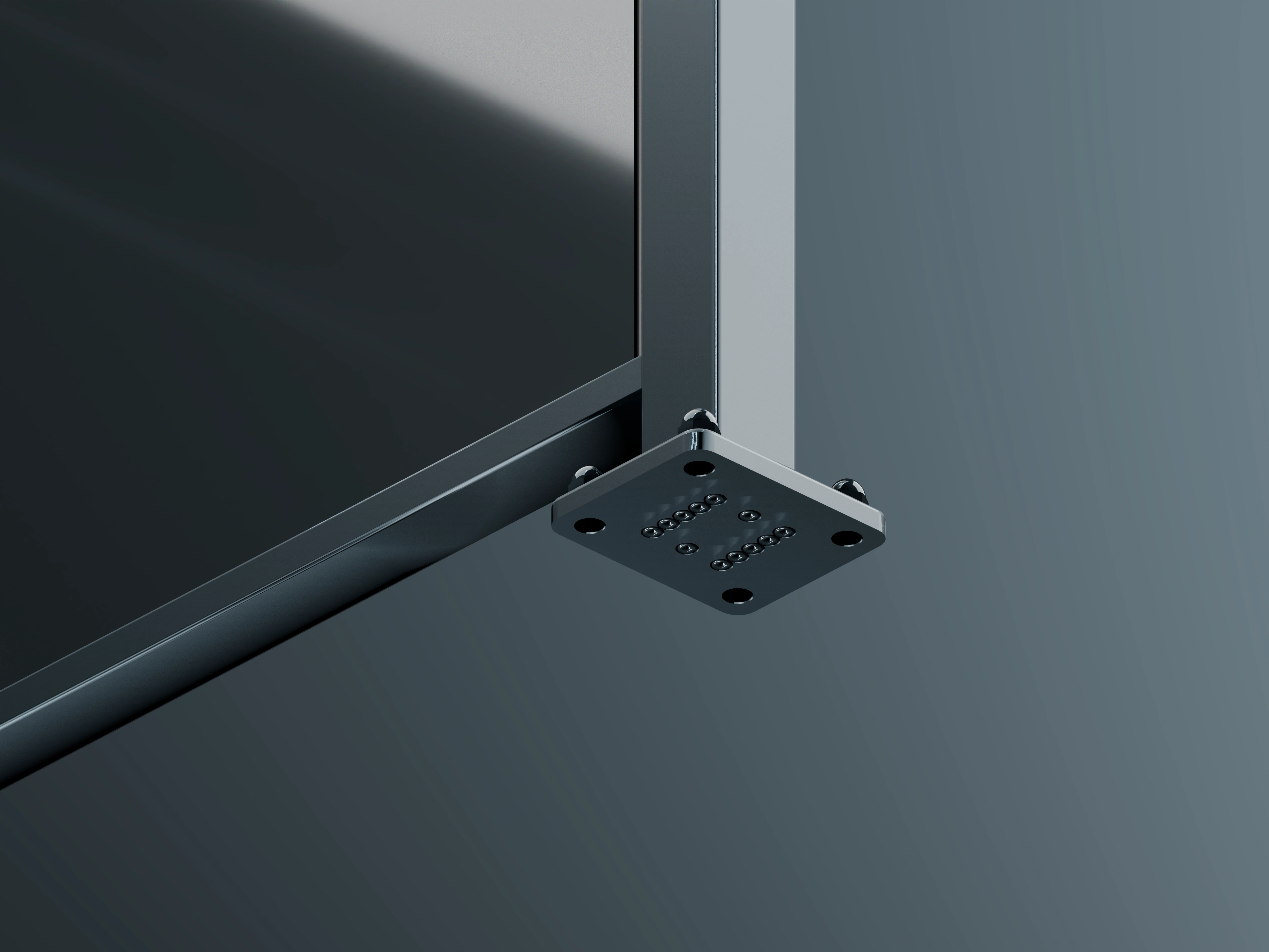 Close-up of Ambassador top-fixed glass balustrade base plate and aluminium channel