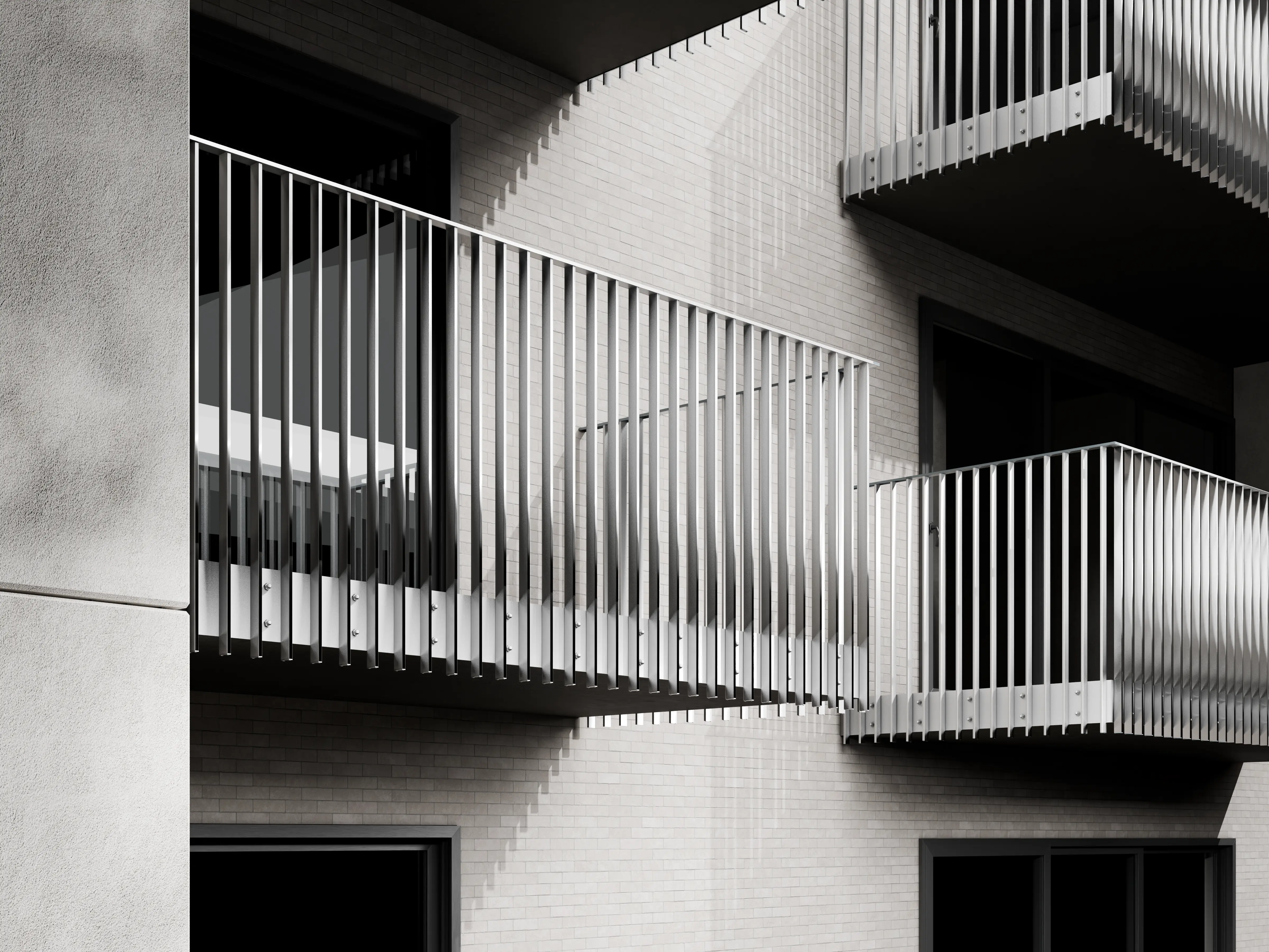 Belcanto Affinity balustrades installed on contemporary apartment balconies with vertical aluminium fins