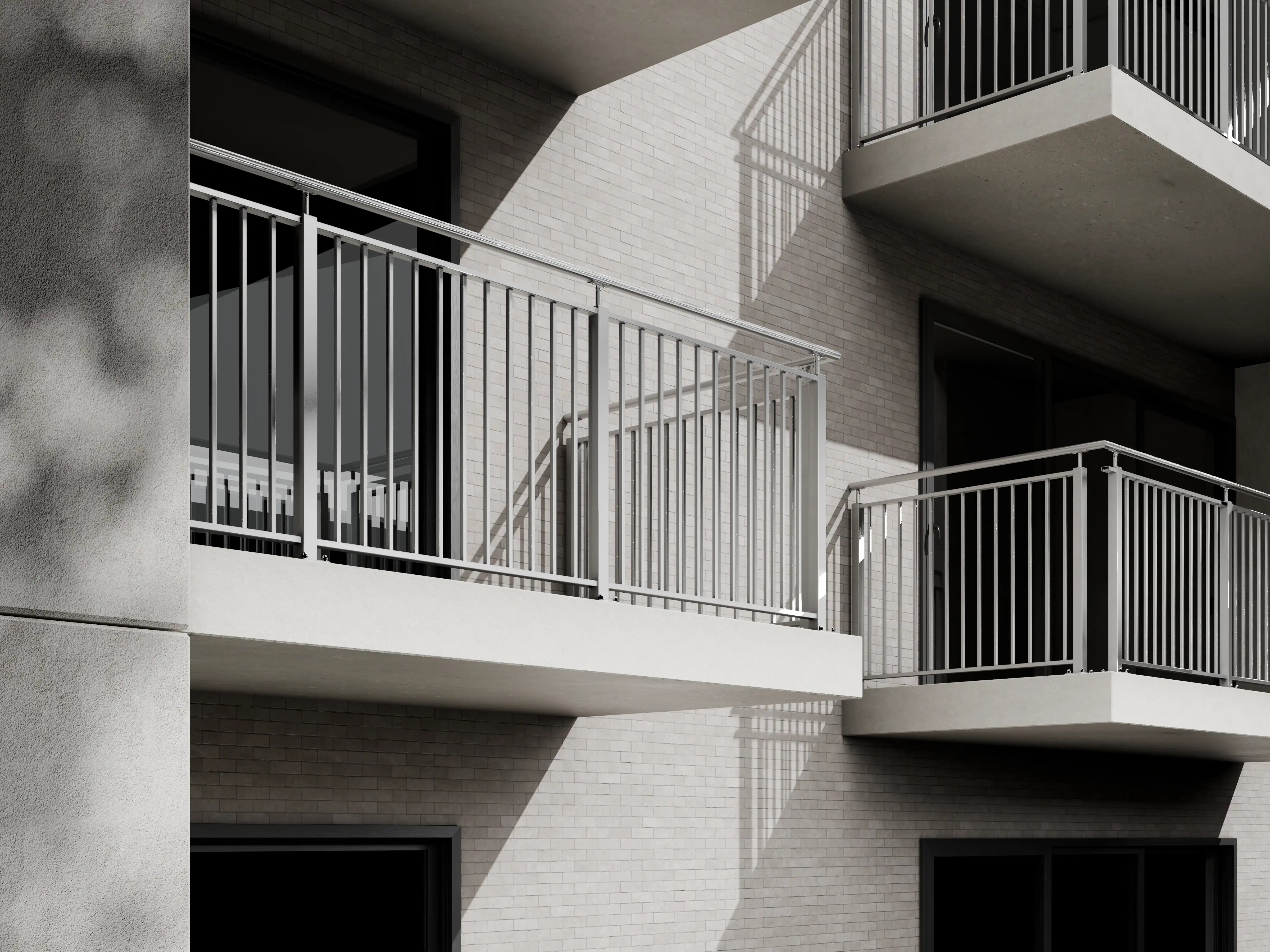 Belcanto Legion Attaché Balustrade system installed on a modern apartment balcony with vertical aluminium detailing