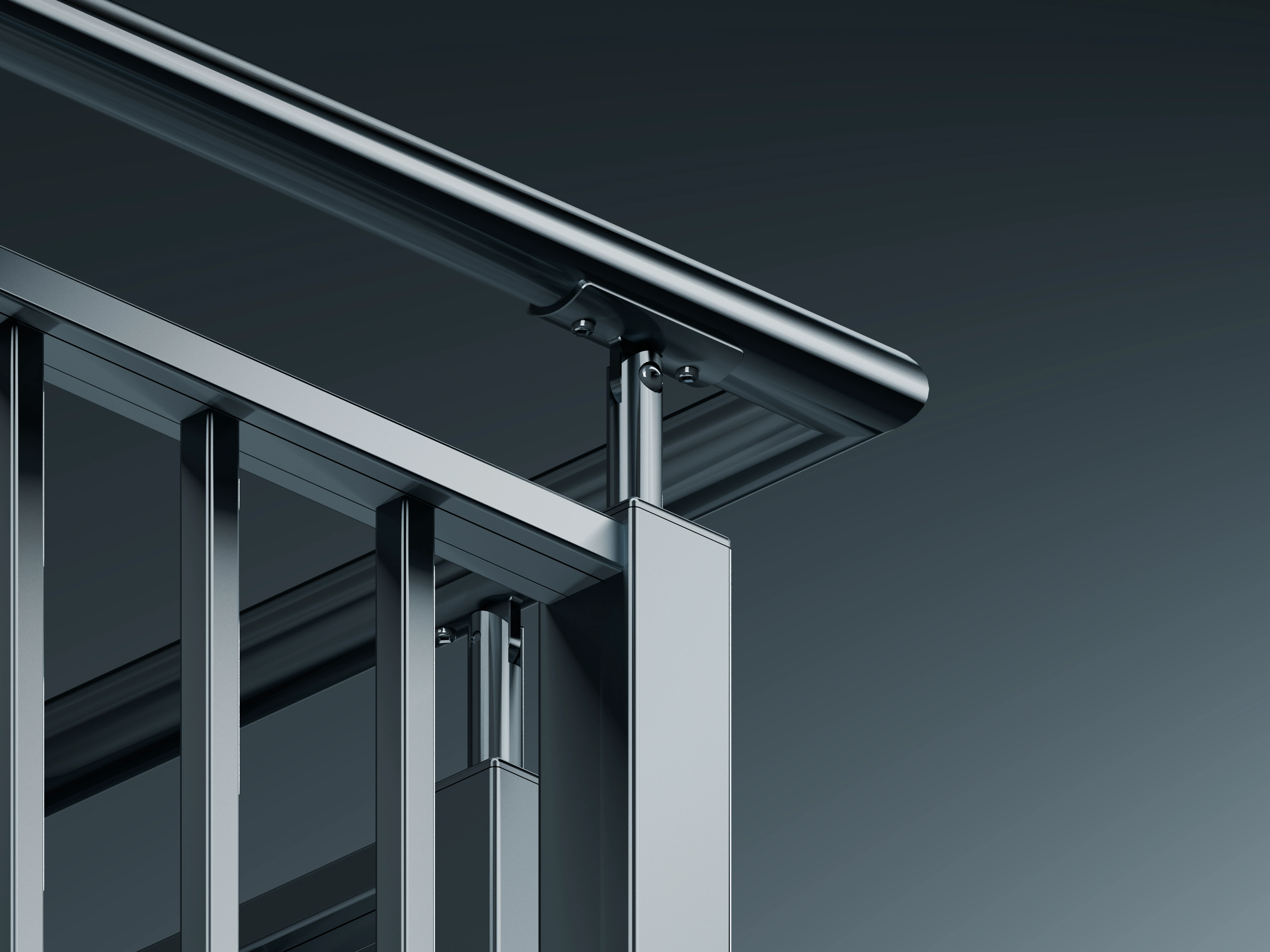 Close-up of Belcanto Legion Attaché Balustrade top rail and fixing detail with sleek aluminium finish
