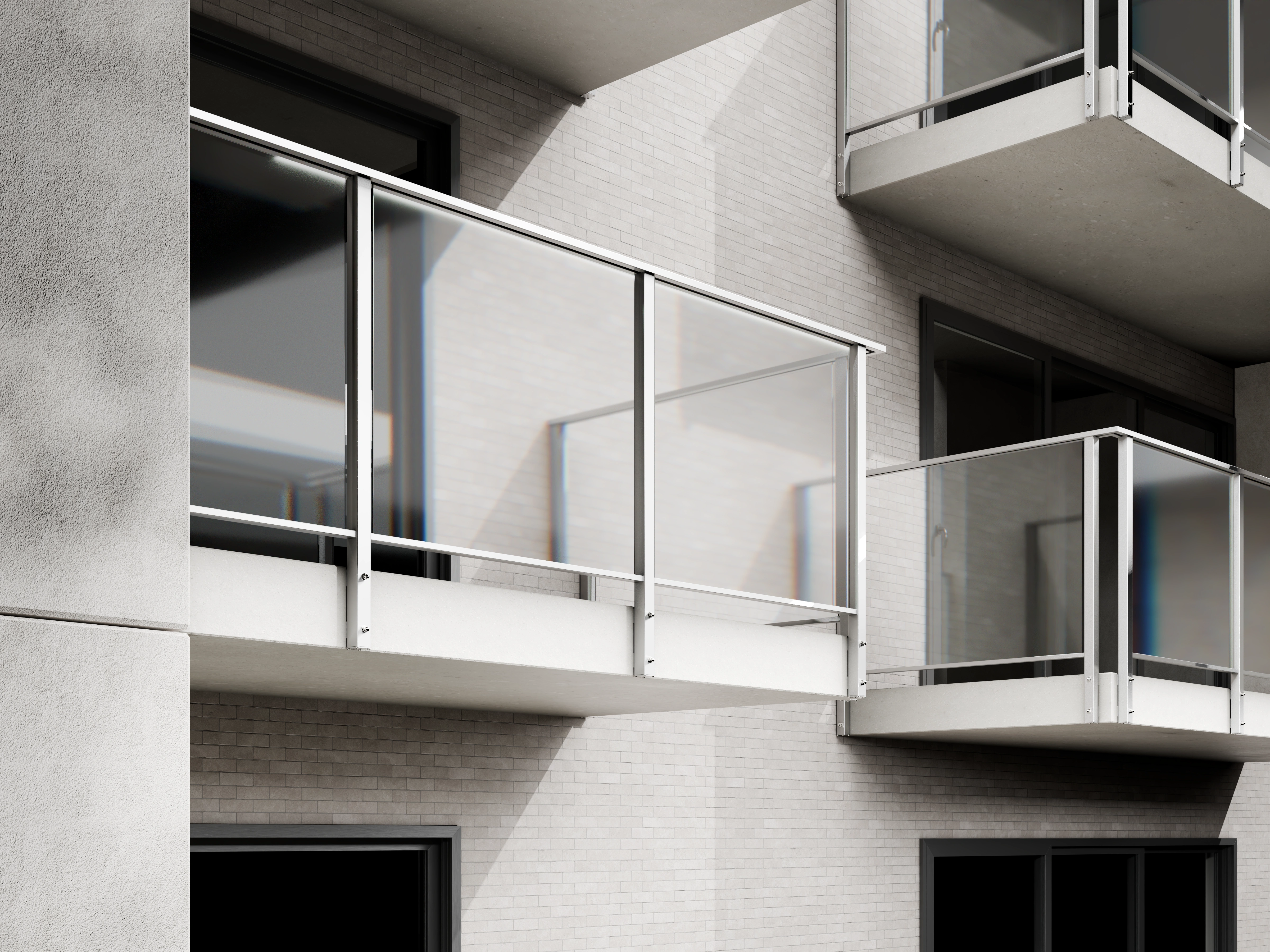 Belcanto Diplomat Attaché Balustrade side fix system installed on modern apartment balconies with glass panels and aluminium framing
