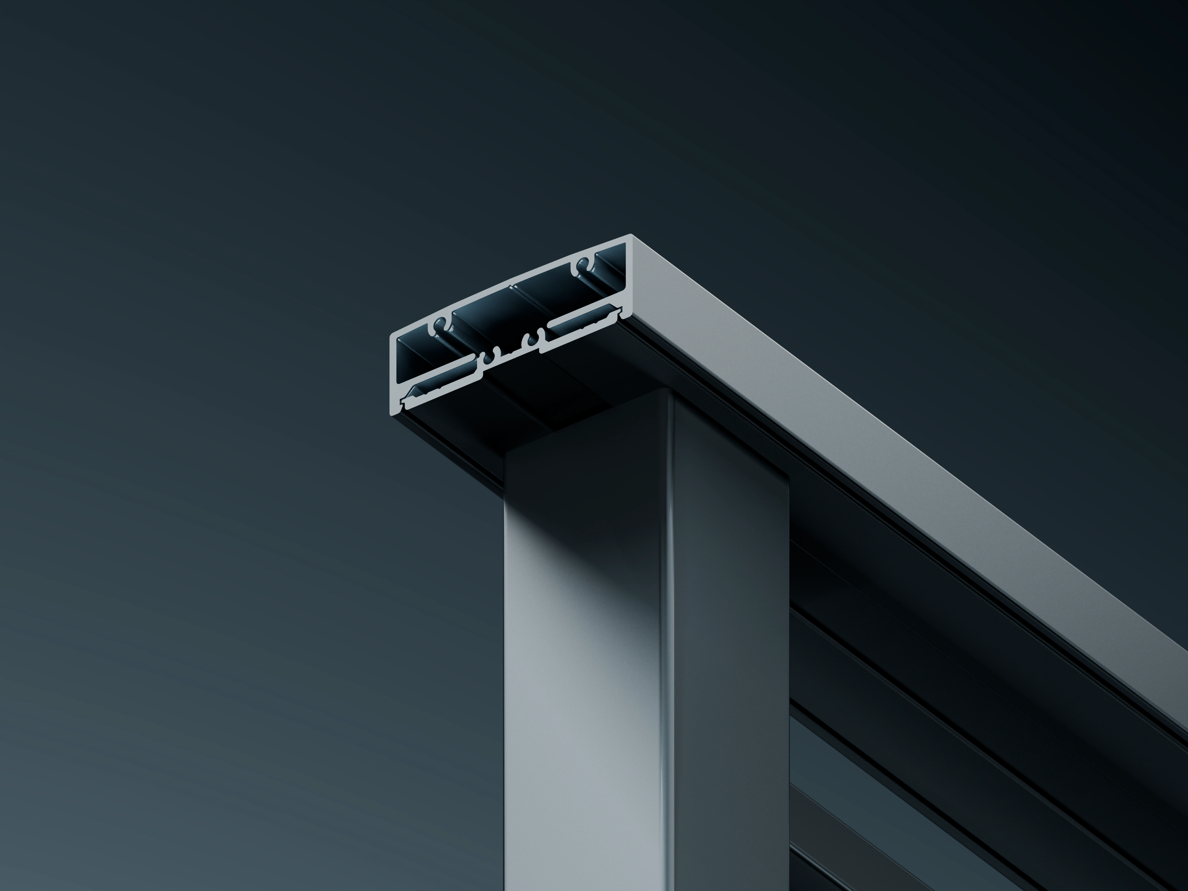 Close-up of Belcanto Baron Attaché Balustrade side fix profile showing the aluminium connection detail