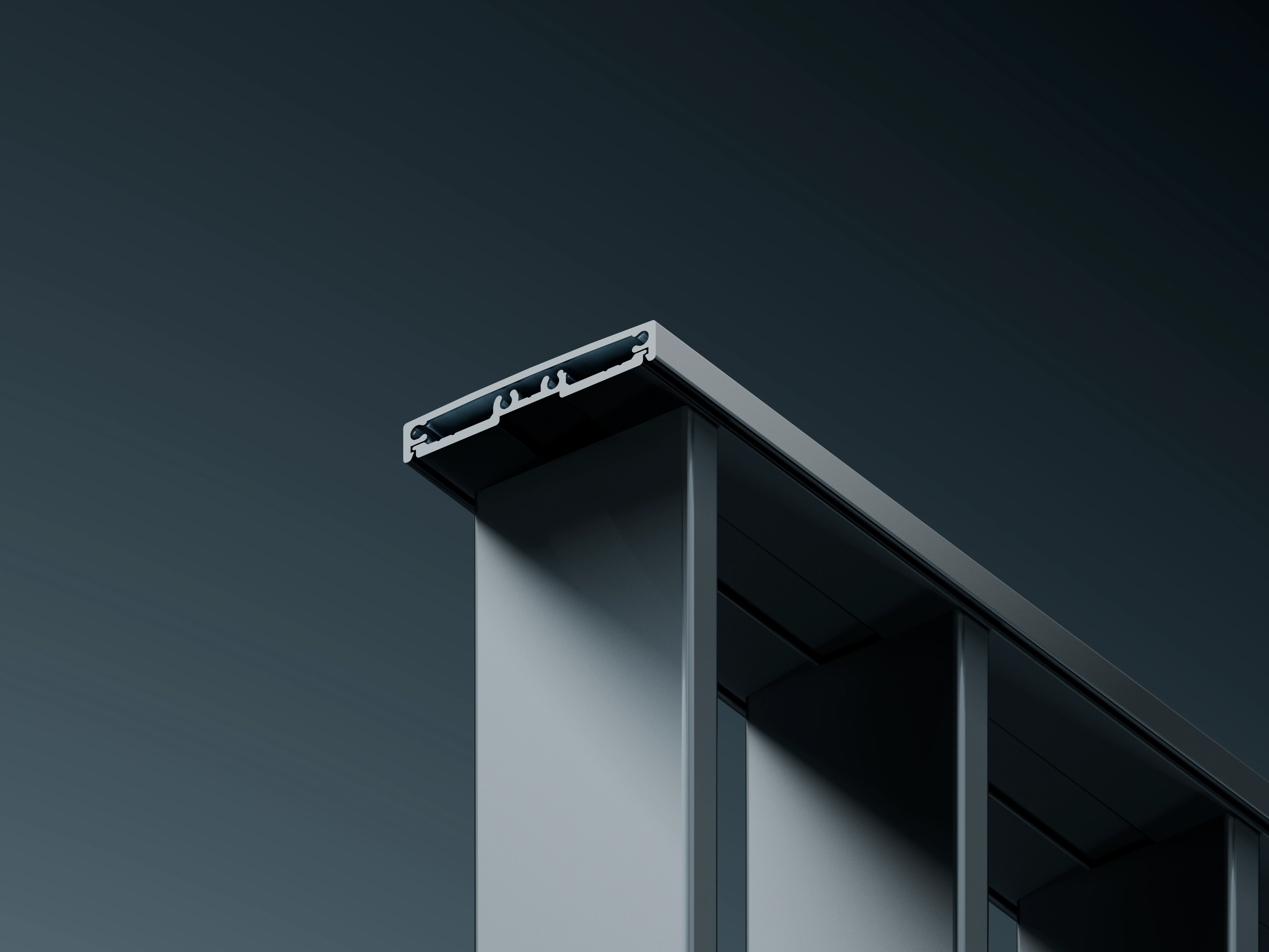Close-up of Belcanto Emissary Attaché Balustrade top fix profile showing the aluminium connection detail