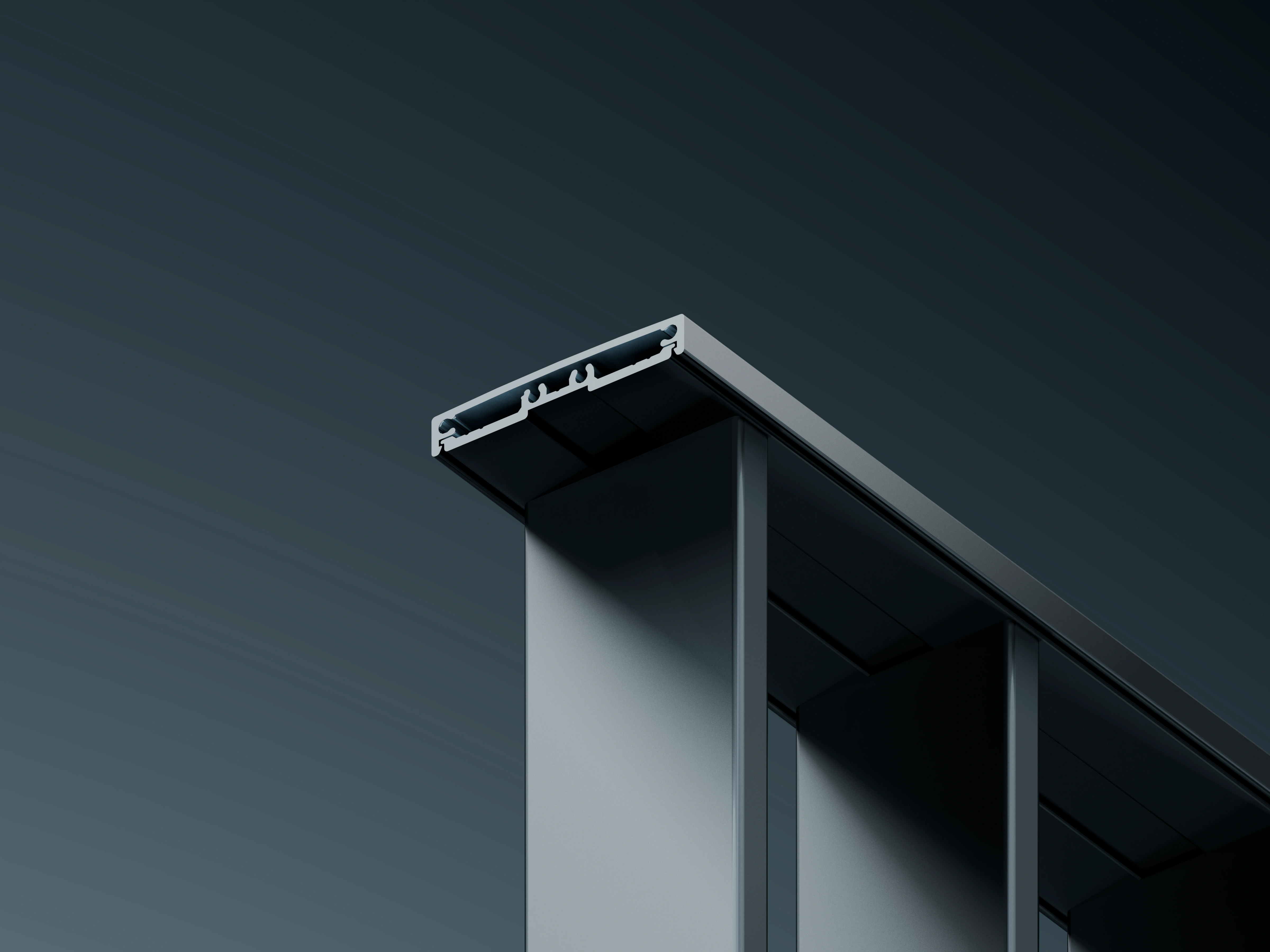 Belcanto attache balustrade Liaison detail showing the top rail and aluminium profile connection