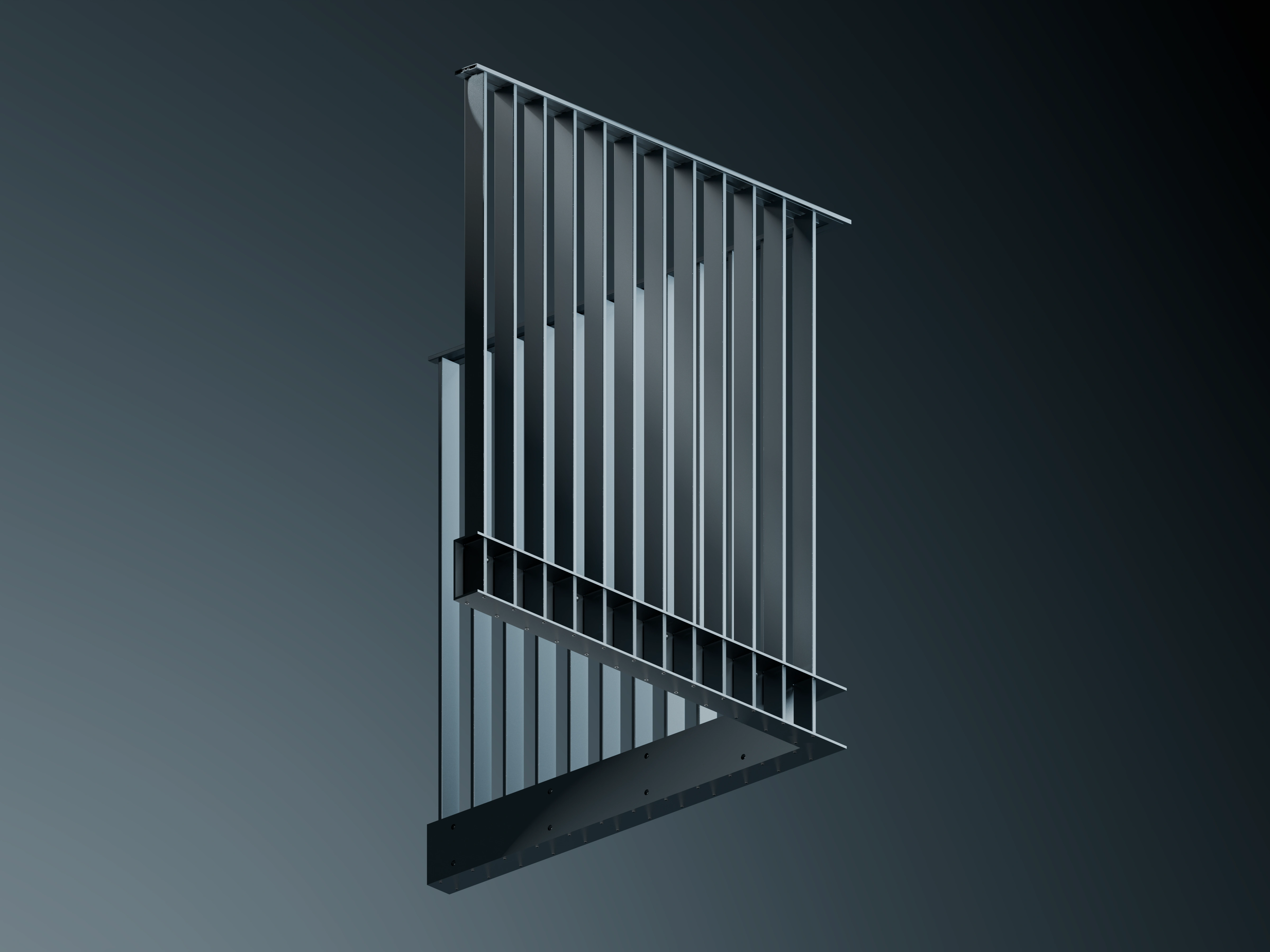 Belcanto Liaison Sidefix Grappler Balconies with vertical aluminium balustrade panels