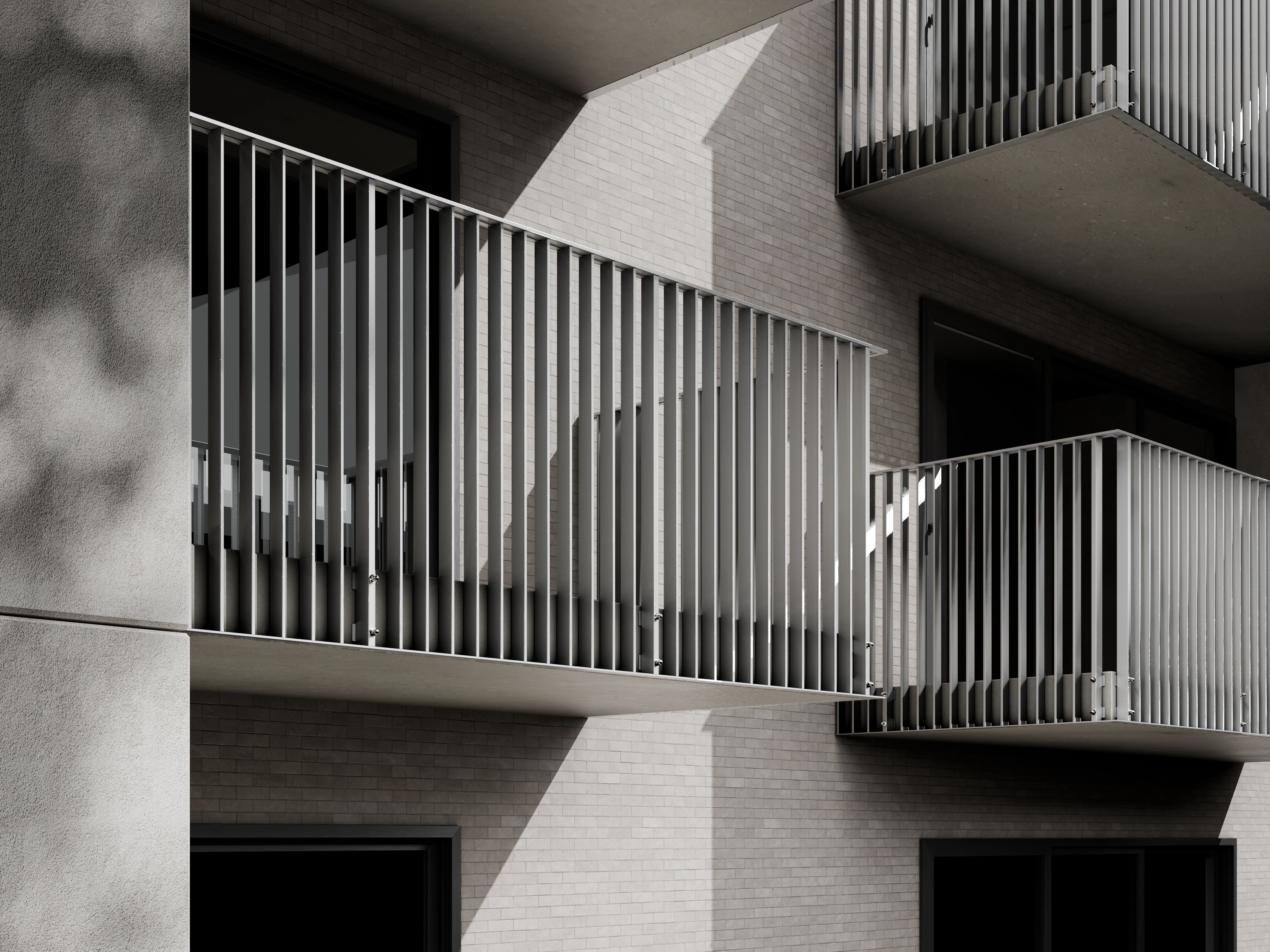 Belcanto Premier Sidefix balustrade installed on apartment balconies with vertical aluminium rails