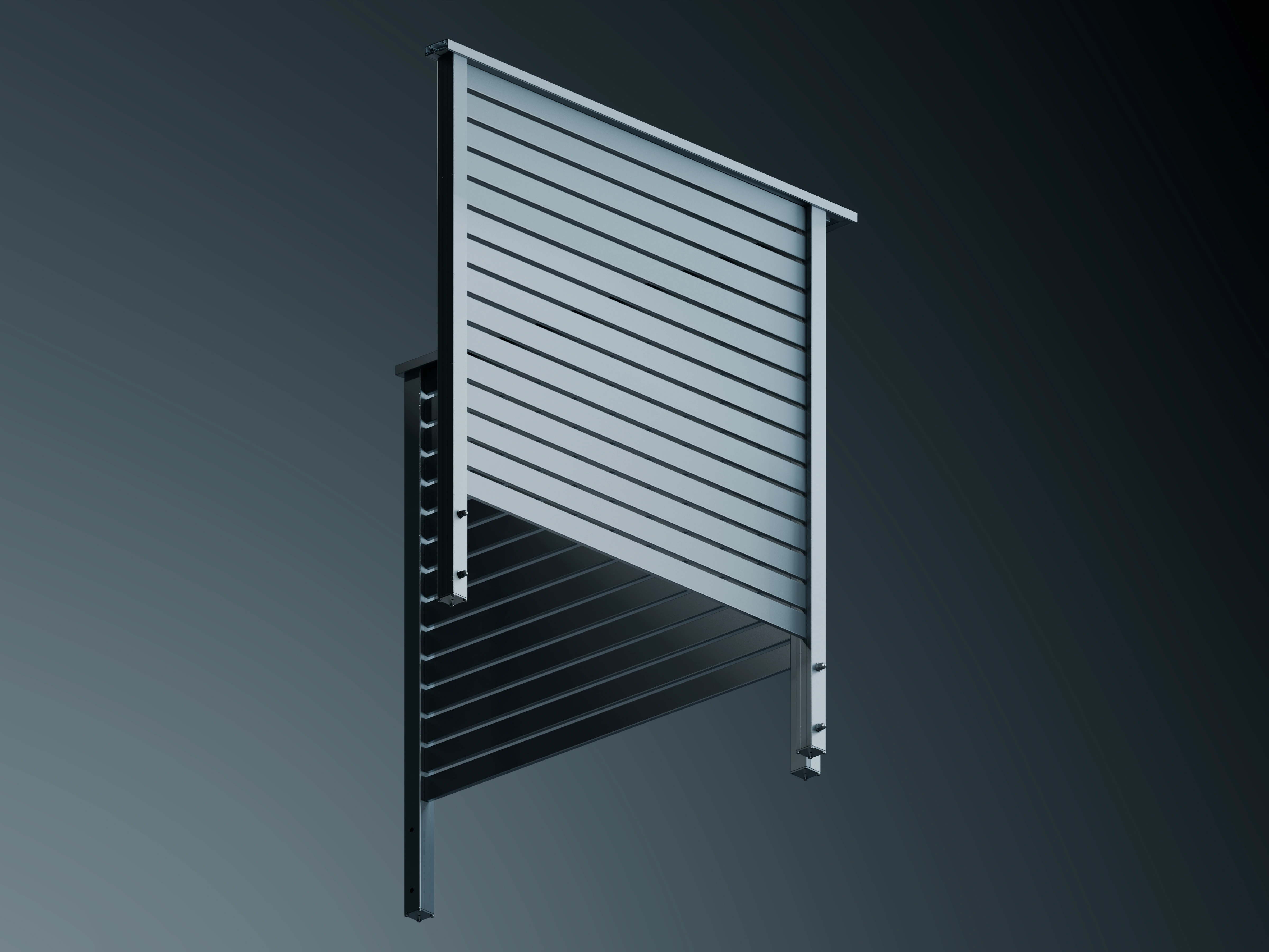 Belcanto Cipher Sidefix Grappler Balconies system with horizontal aluminium slats and structural frame