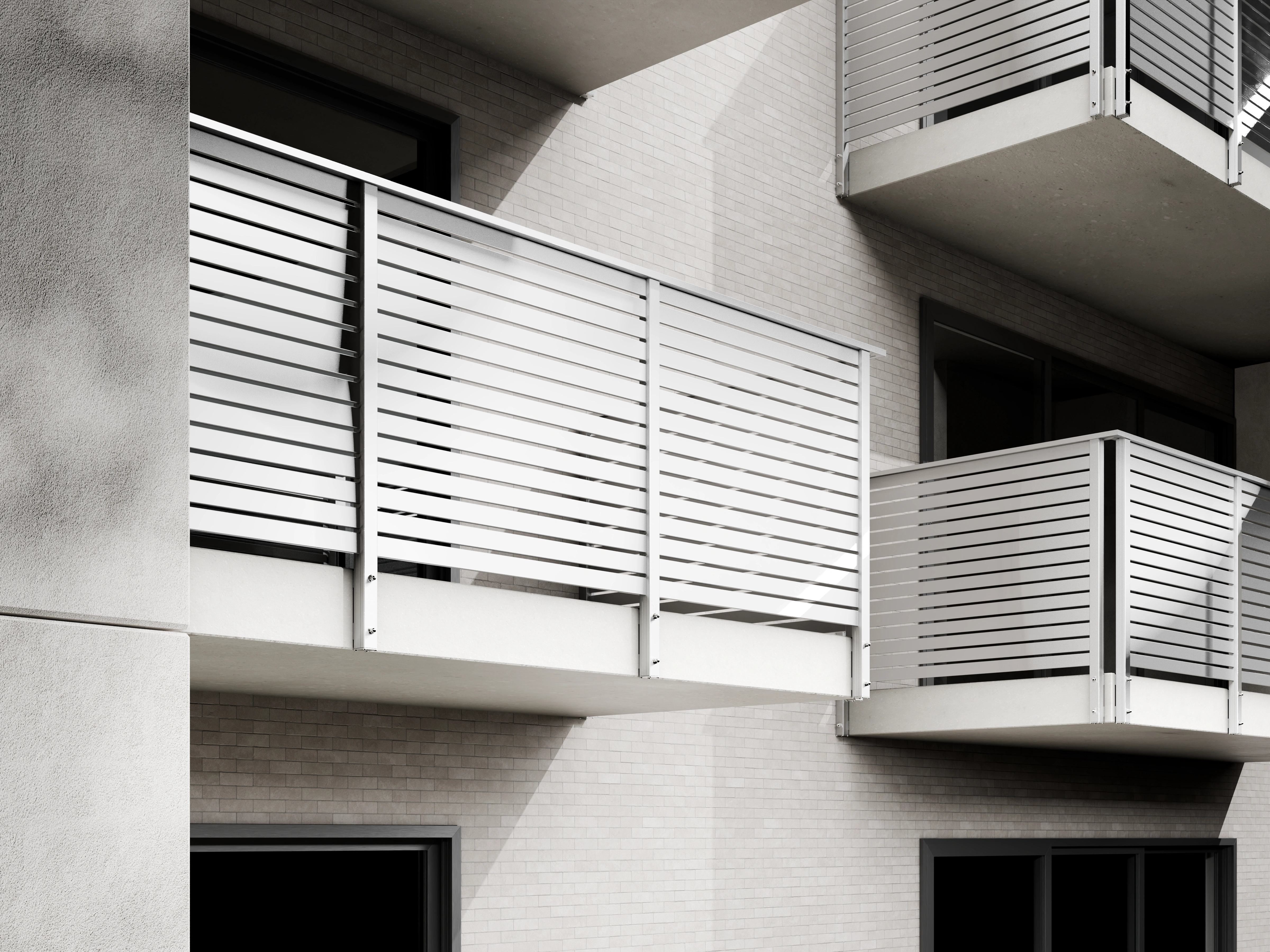 Cipher side-fix aluminium balustrade installed on a modern building balcony with horizontal rails