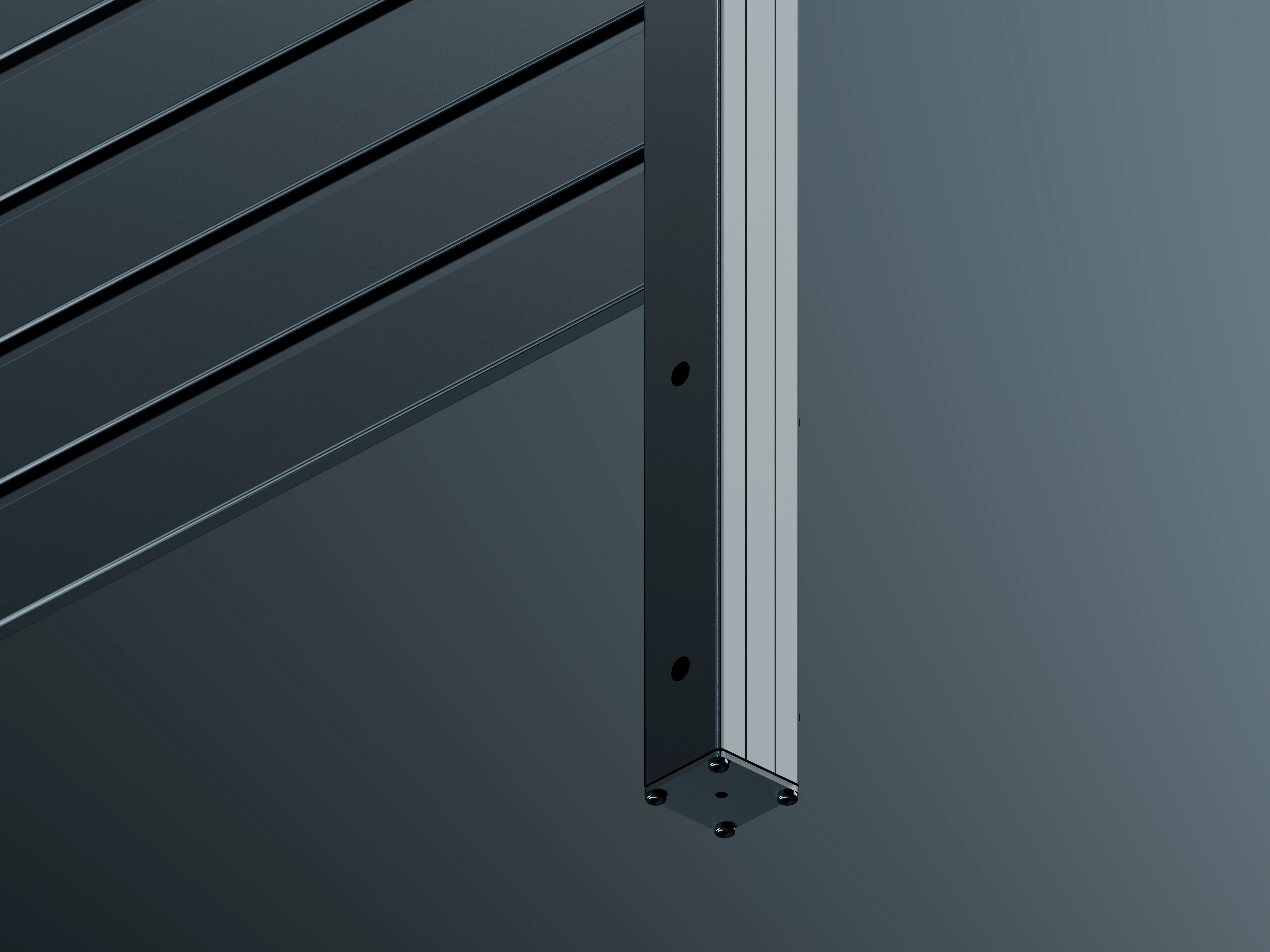 Close-up of Cipher side-fix balustrade post and base fixing detail with vertical aluminium rails
