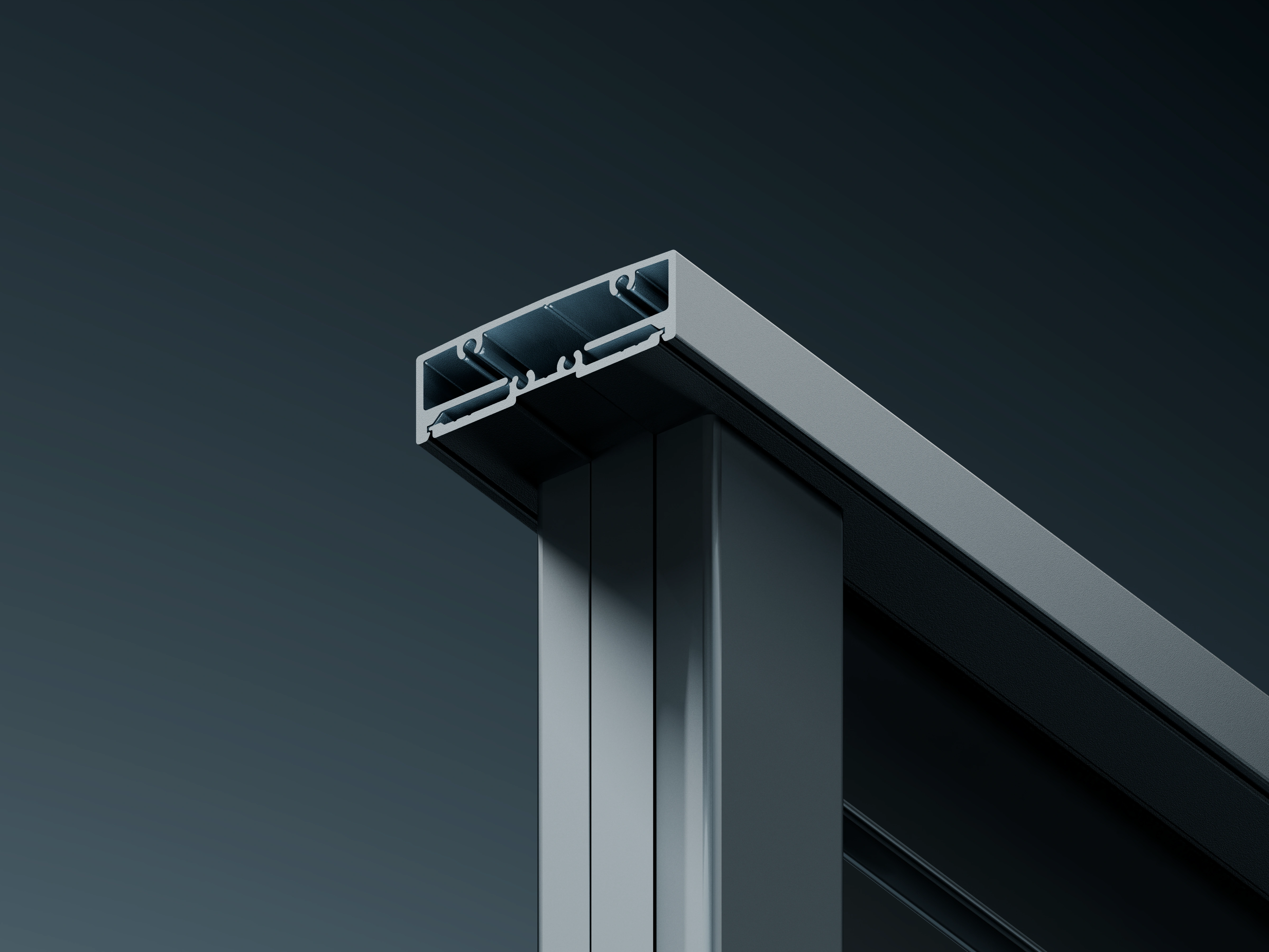 Close-up of Cipher side-fix aluminium balustrade showing the top rail and concealed fixing detail