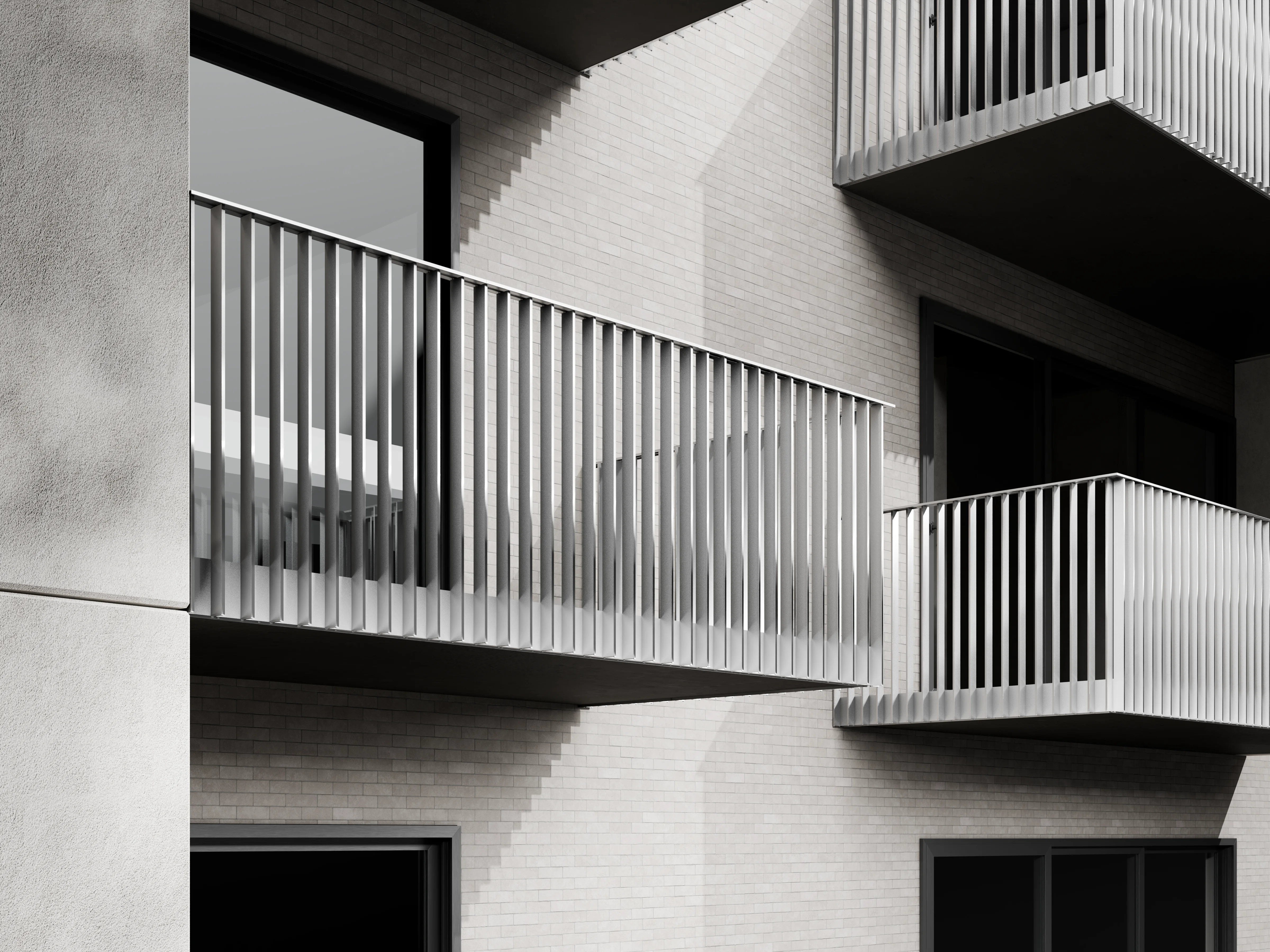Full view of the Belcanto Affinity balustrade system with evenly spaced vertical aluminium fins and integrated framing.