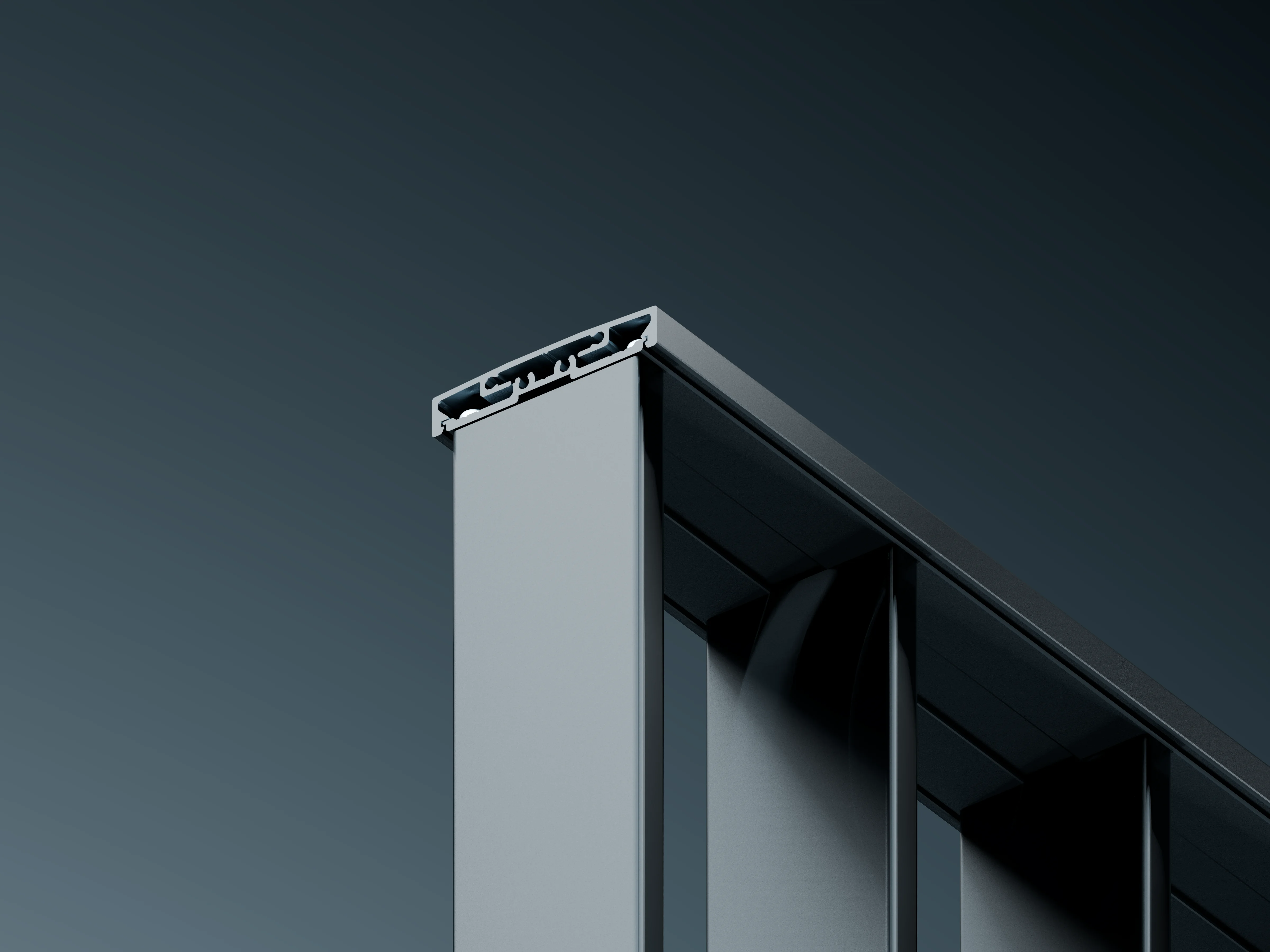 Detailed view of the Belcanto Affinity balustrade top rail and vertical aluminium fin profile.