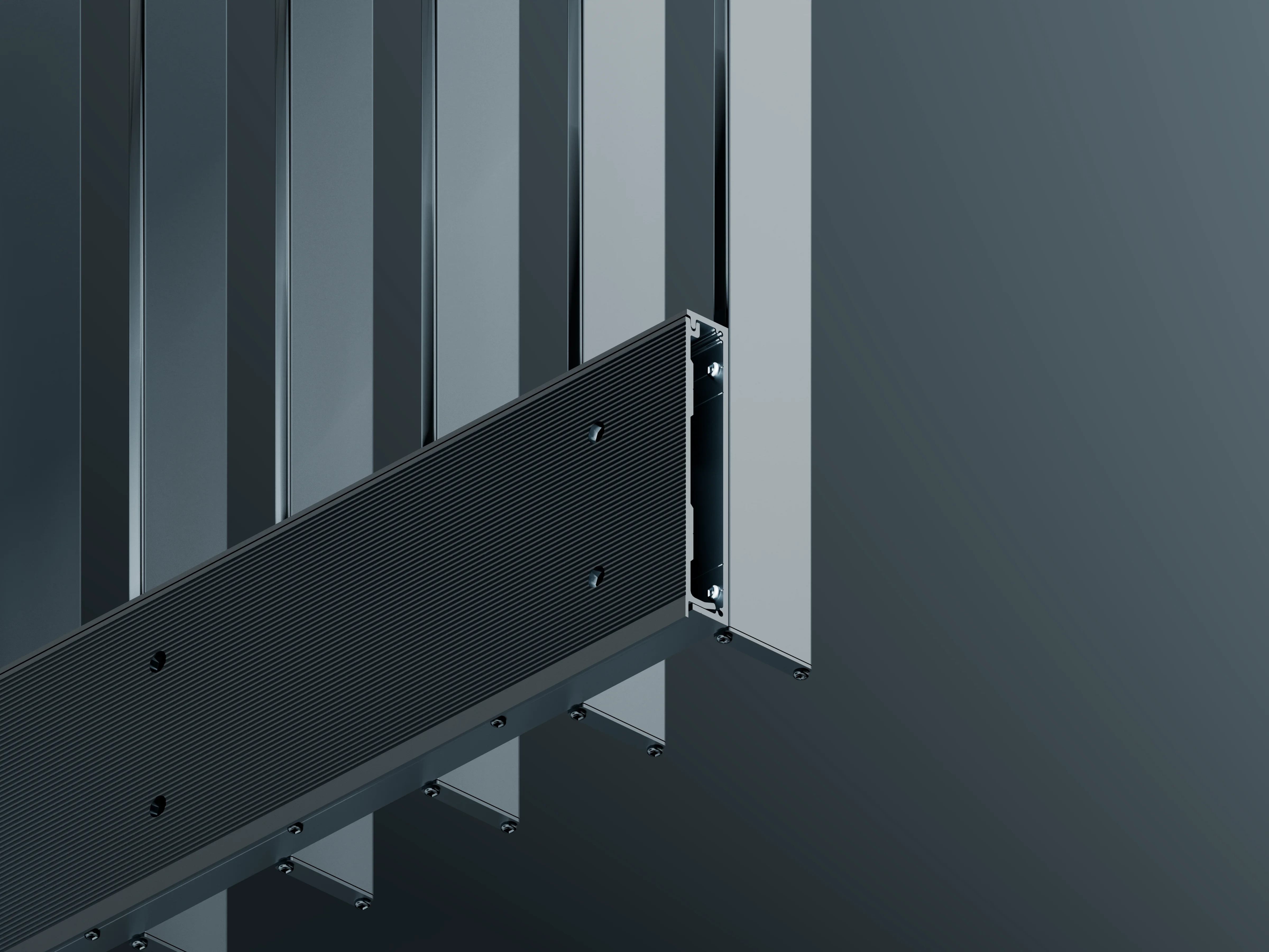 Close-up of the Belcanto Affinity balustrade showing the aluminium fin system and concealed fixing details.