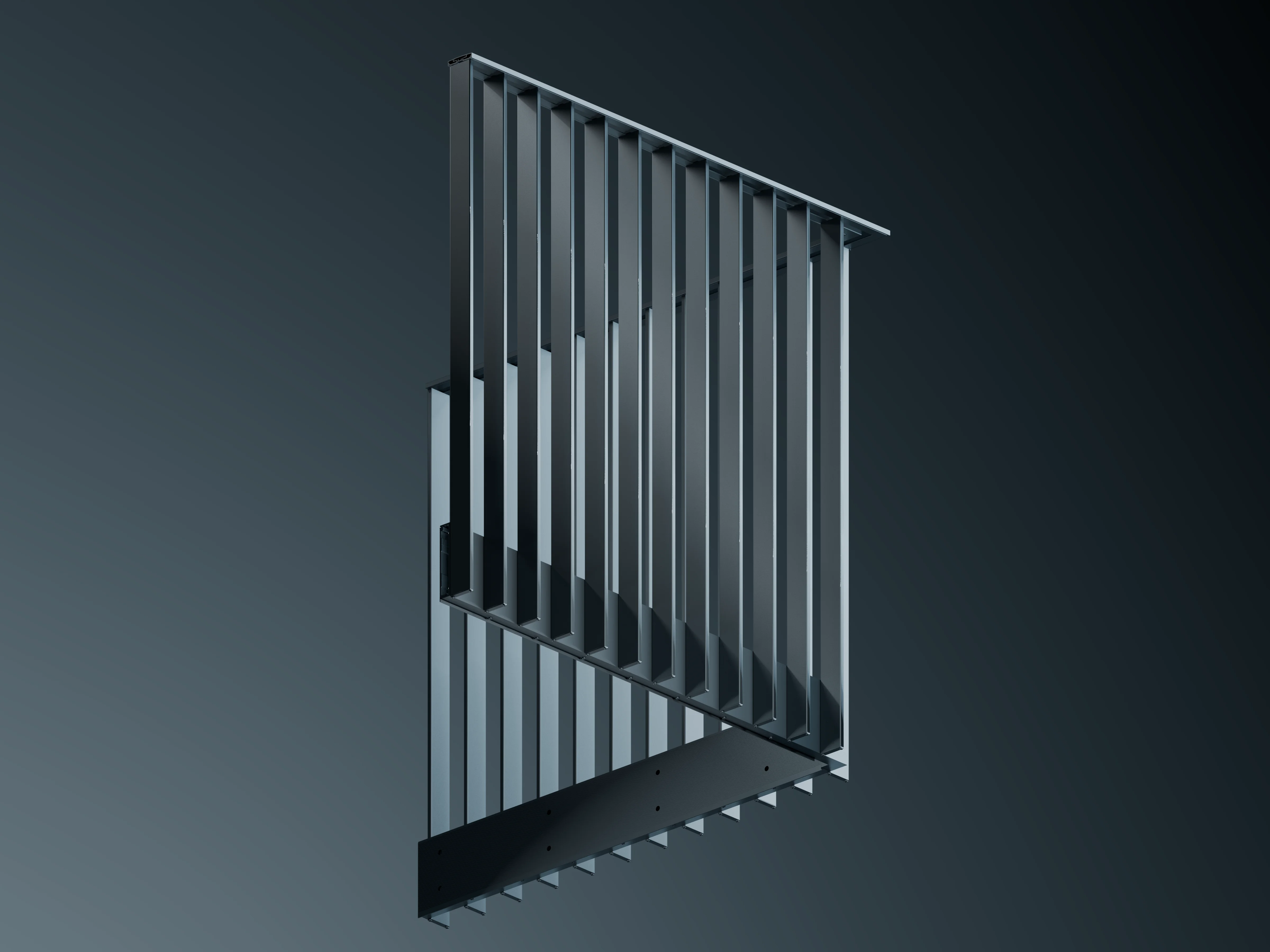 Full view of the Belcanto Affinity balustrade system with evenly spaced vertical aluminium fins and integrated framing.