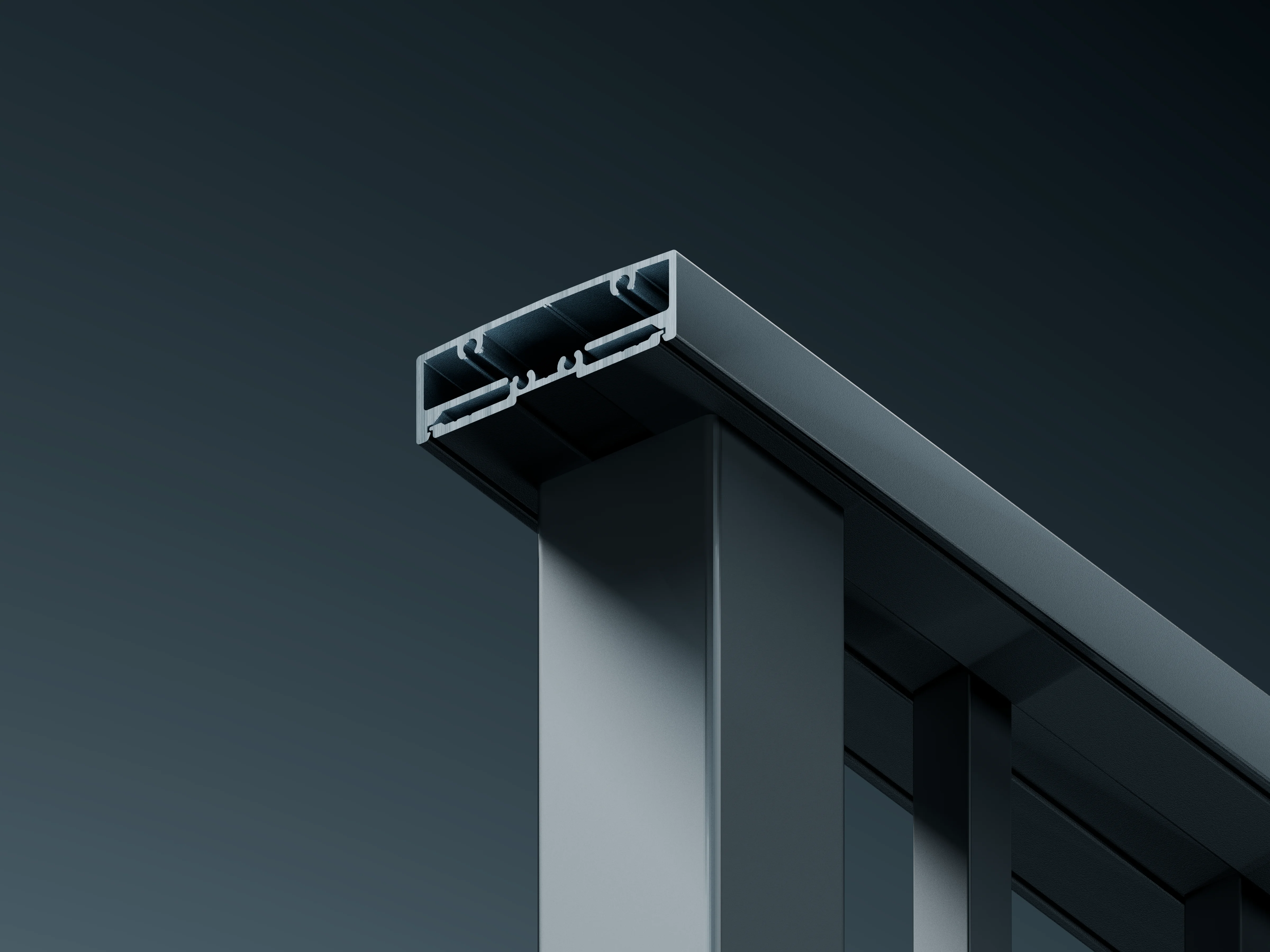 Close-up of Belcanto Alliance Sidefix aluminium balustrade top rail and post