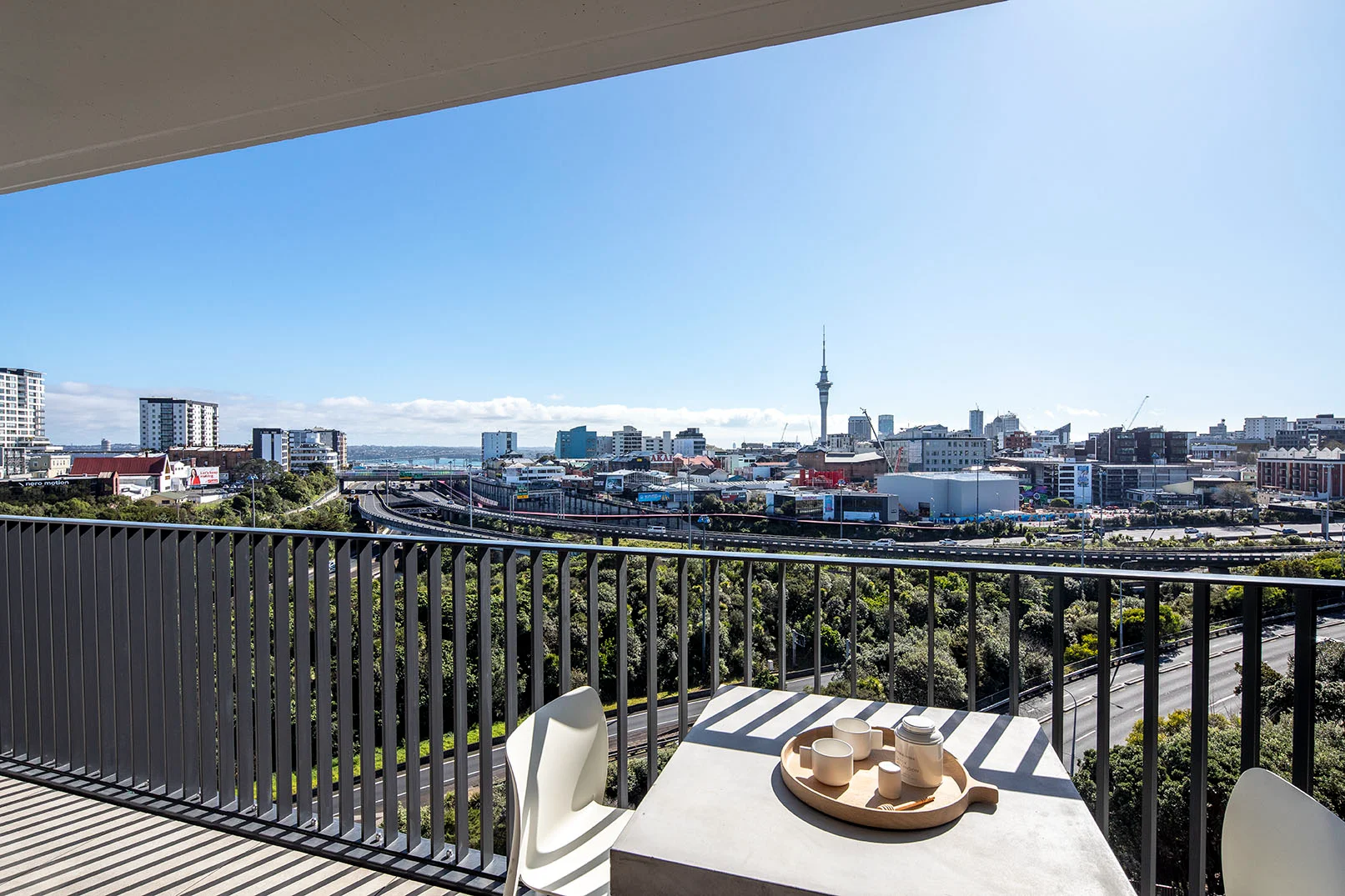 Black Attache Balustrade on apartment balcony overlooking the Auckland skyline
