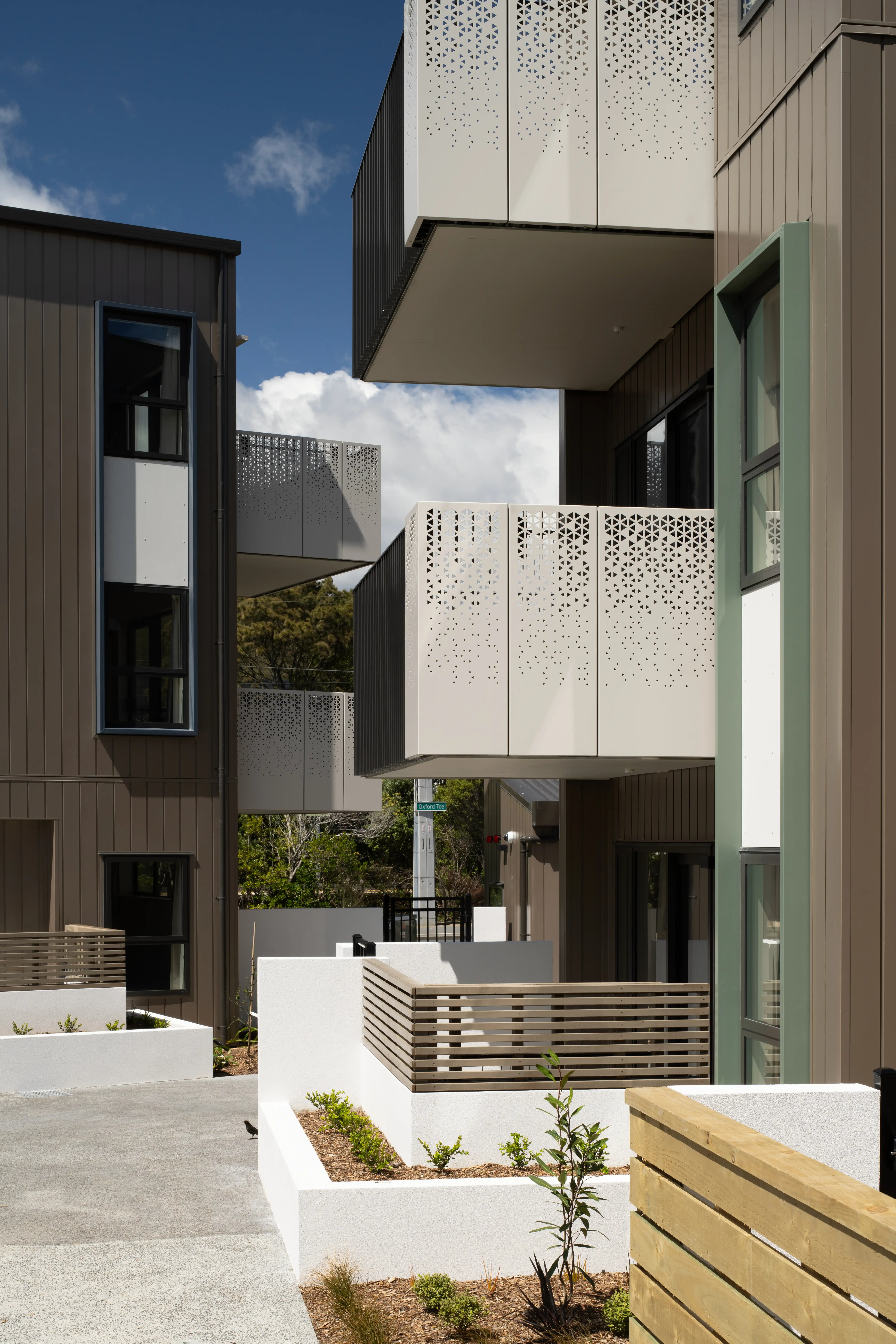 Laser-cut aluminium screens on the face of each balcony add pattern and privacy to the Oxford Terrace facade.