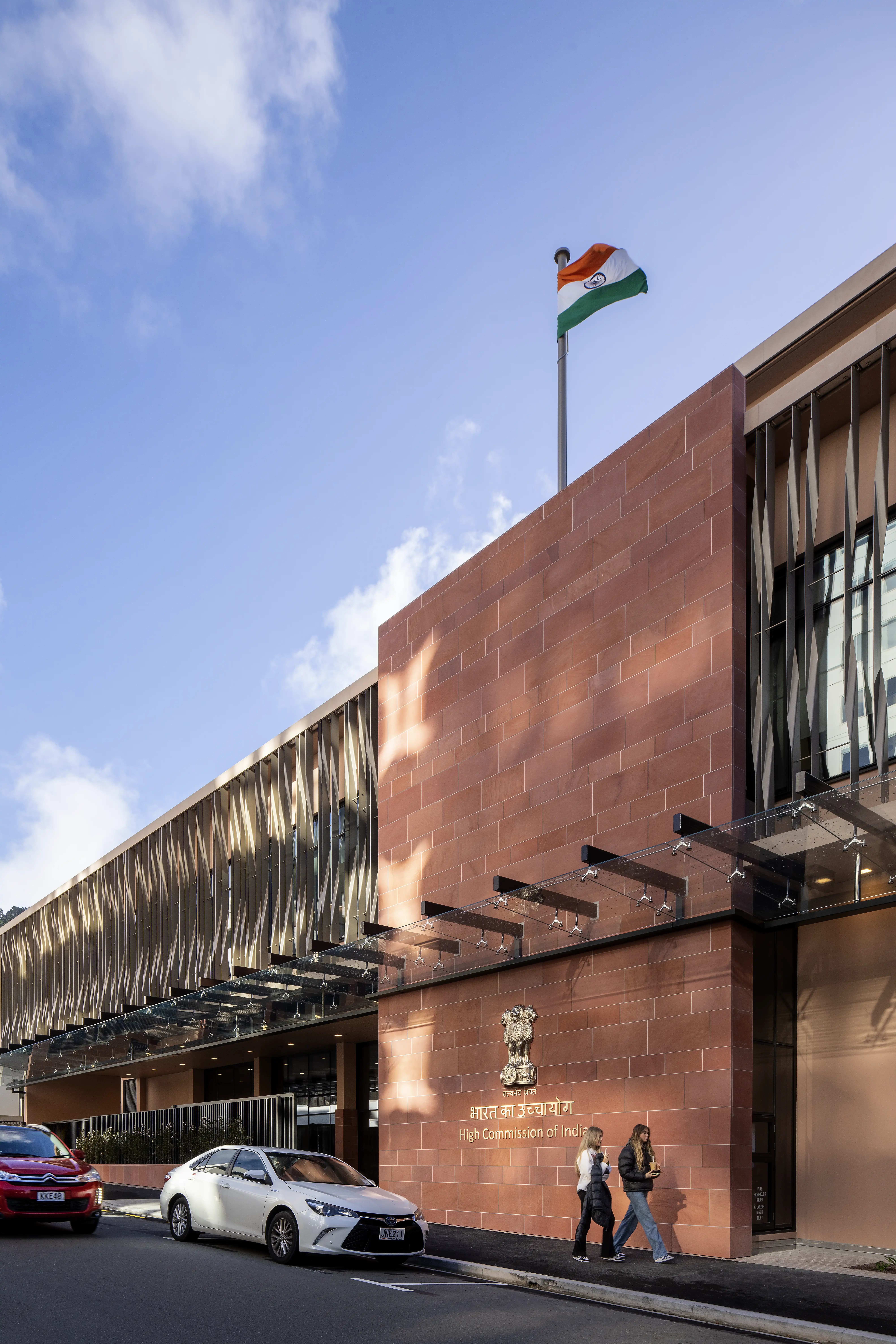 Street view of the High Commission of India in Wellington's Parliamentary Precinct, designed by Warren and Mahoney