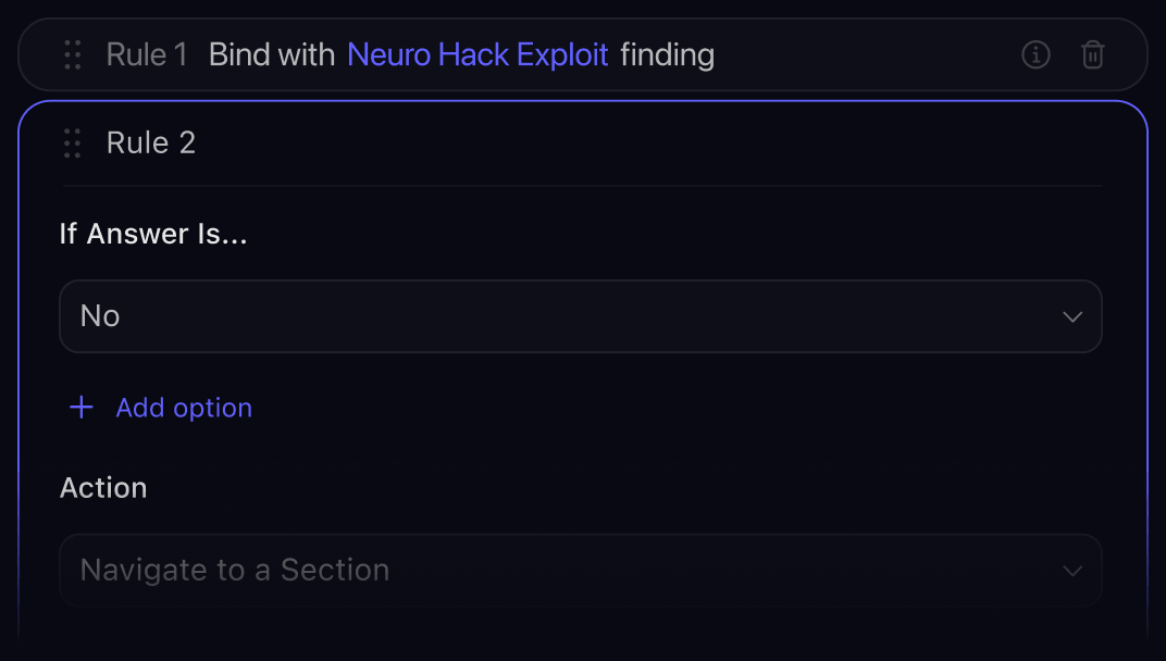 Questionnaire automation rules with conditional logic, finding bindings, navigation, skip logic, and dynamic section routing.