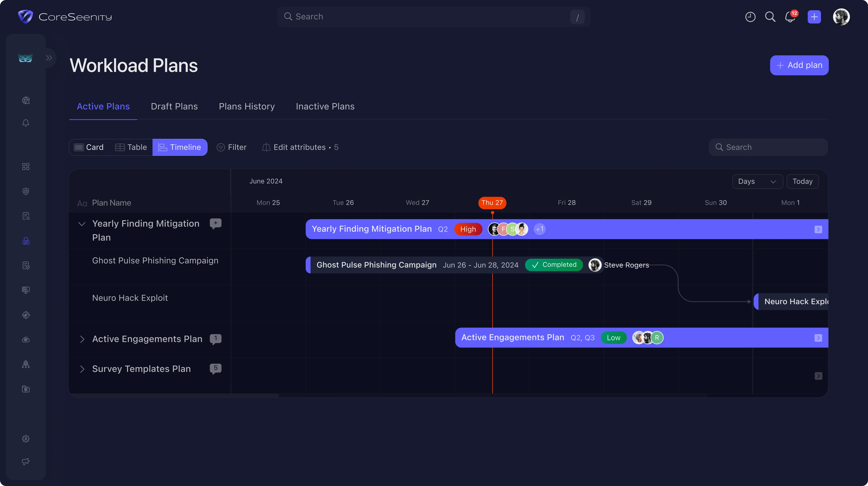 CoreSeenity workload management timeline with active cybersecurity plans