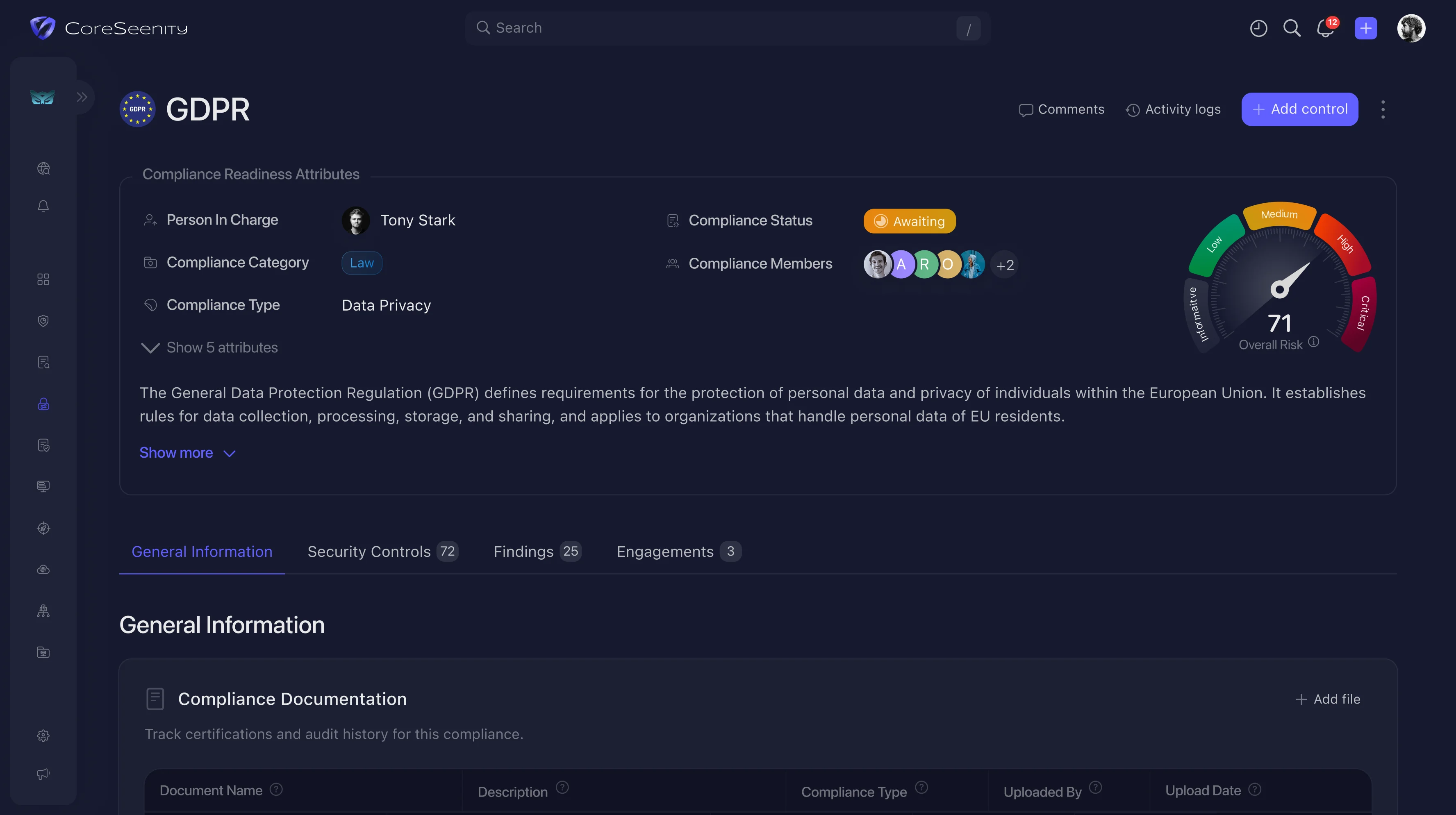 CoreSeenity GDPR compliance readiness with controls and overall risk score