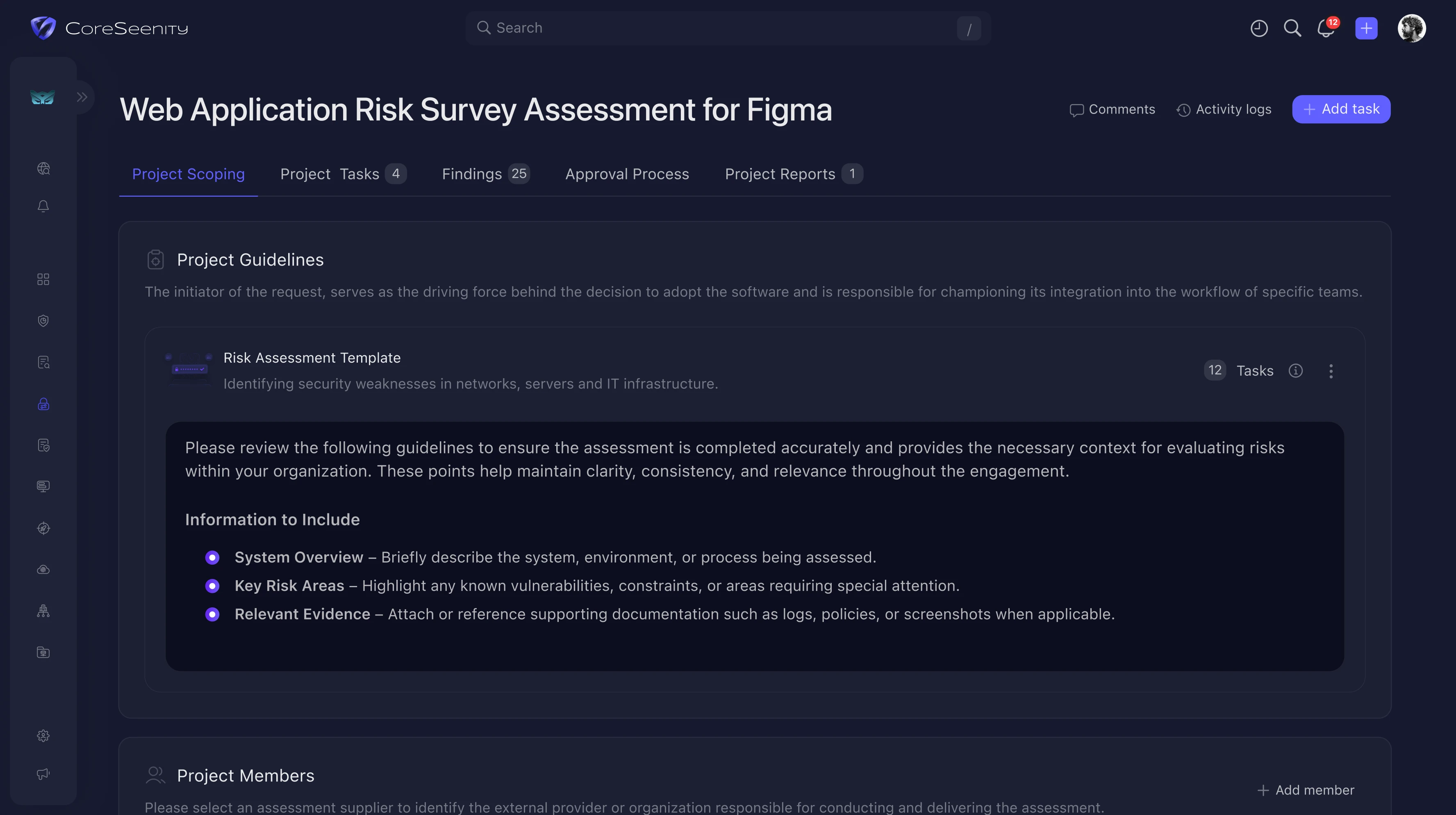 CoreSeenity cybersecurity project scoping with risk assessment guidelines