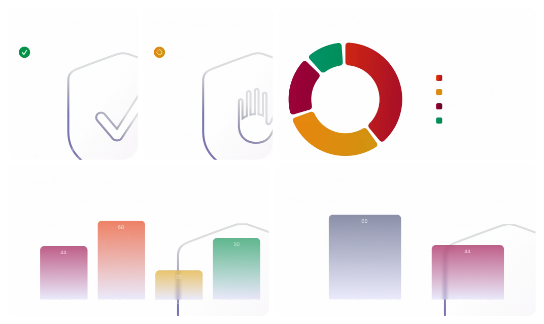 GRC metrics dashboard displaying engagement statistics, supplier assessment progress, questionnaire completion, governance metrics, and ticket analytics.