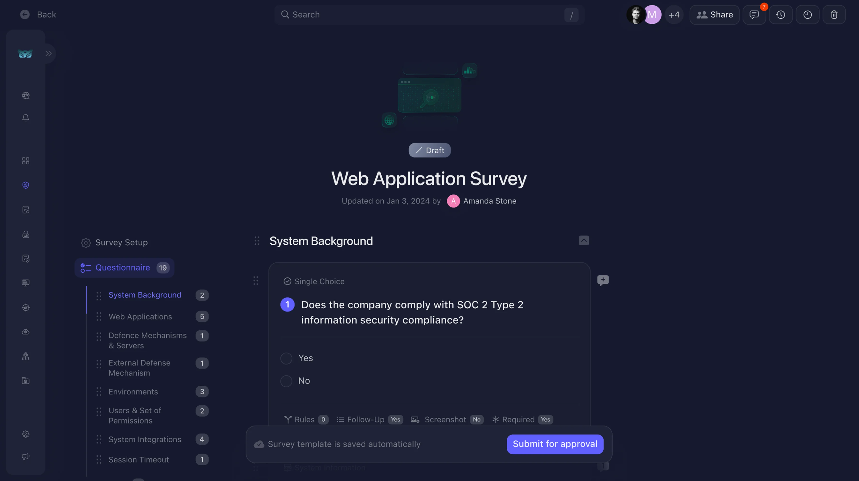 CoreSeenity Risk Assessment survey template with questionnaire sections and approval workflow