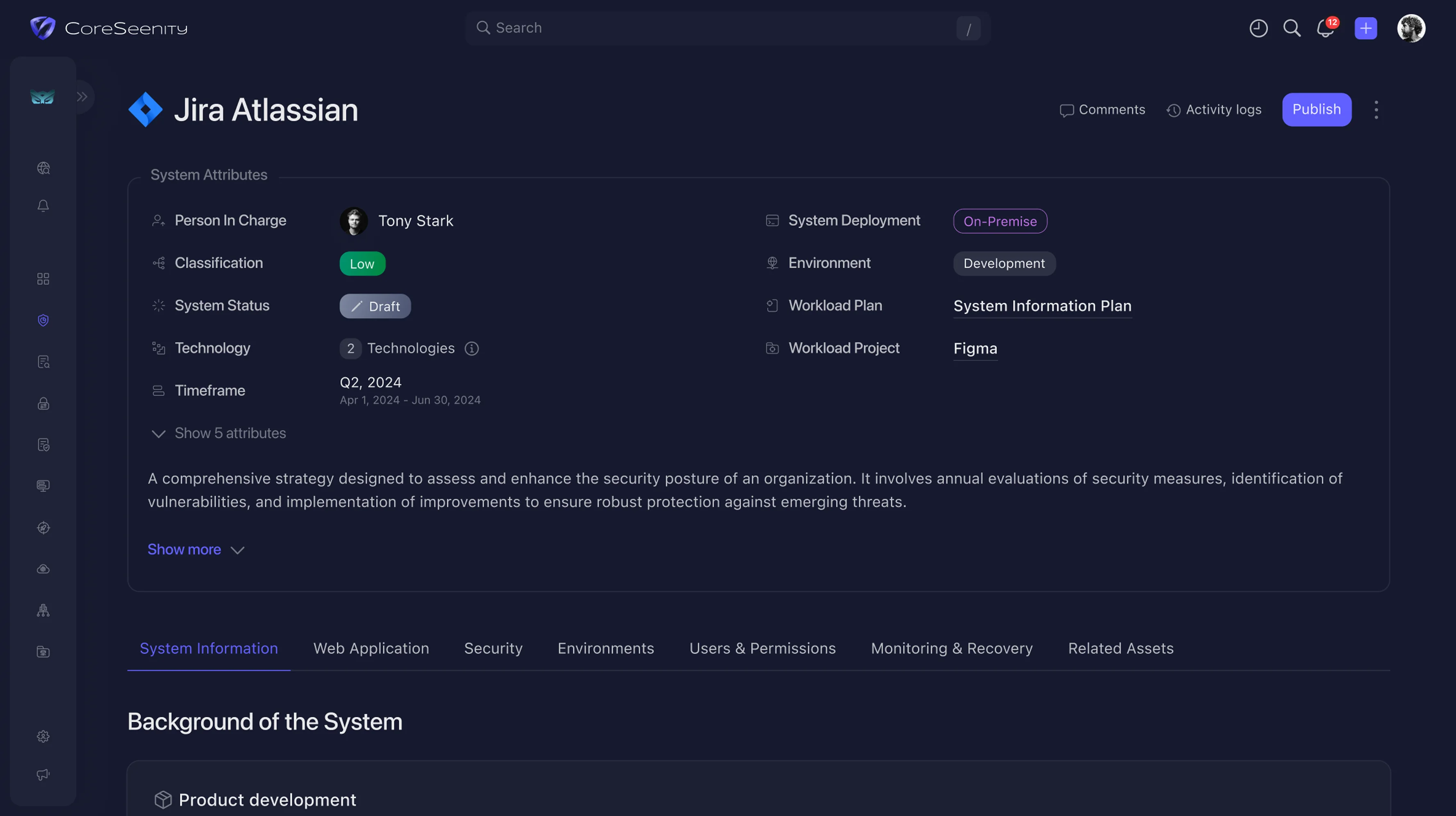 CoreSeenity system information profile with ownership, deployment, environment, and security attributes