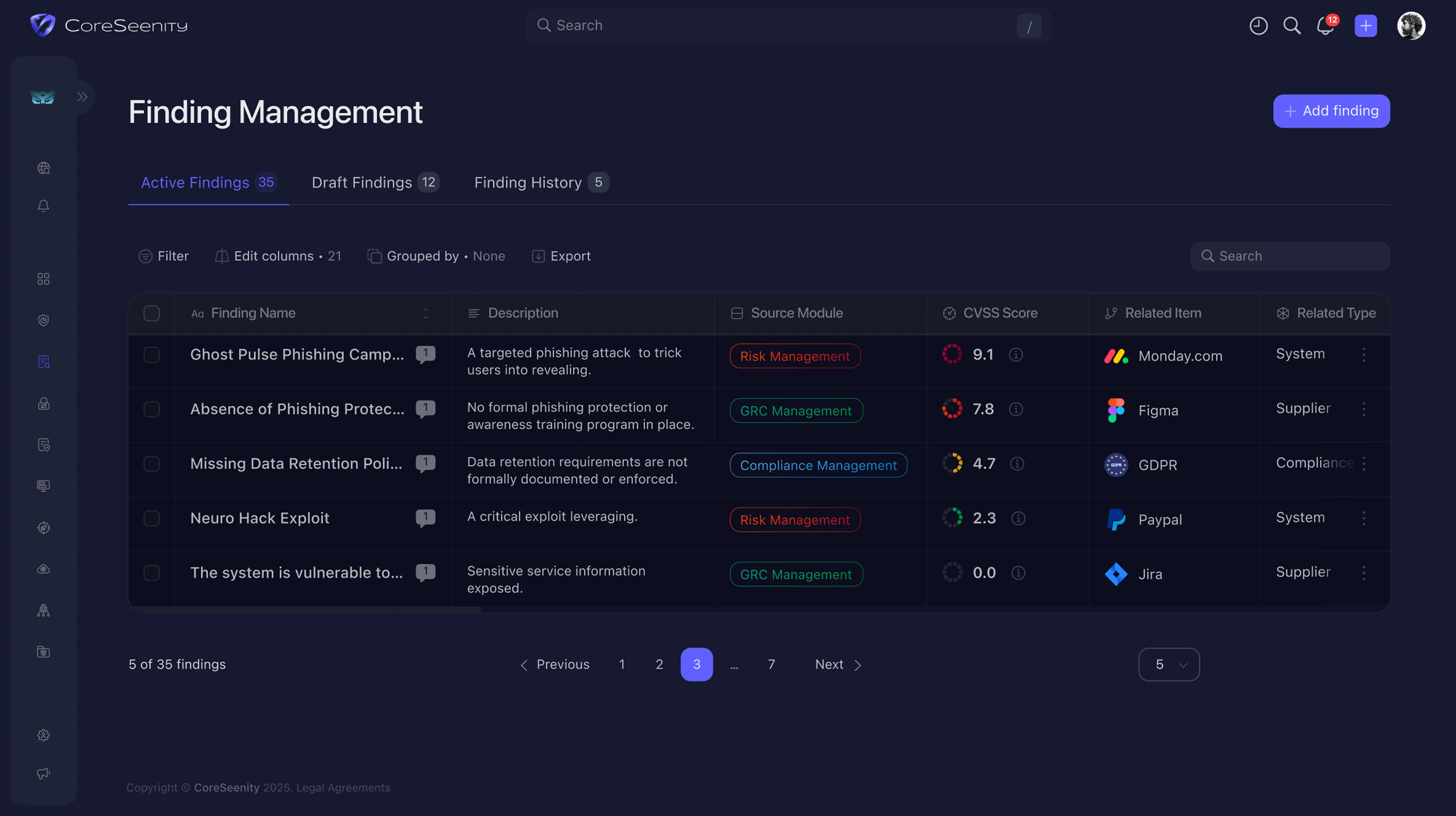 CoreSeenity Risk Management finding management screen