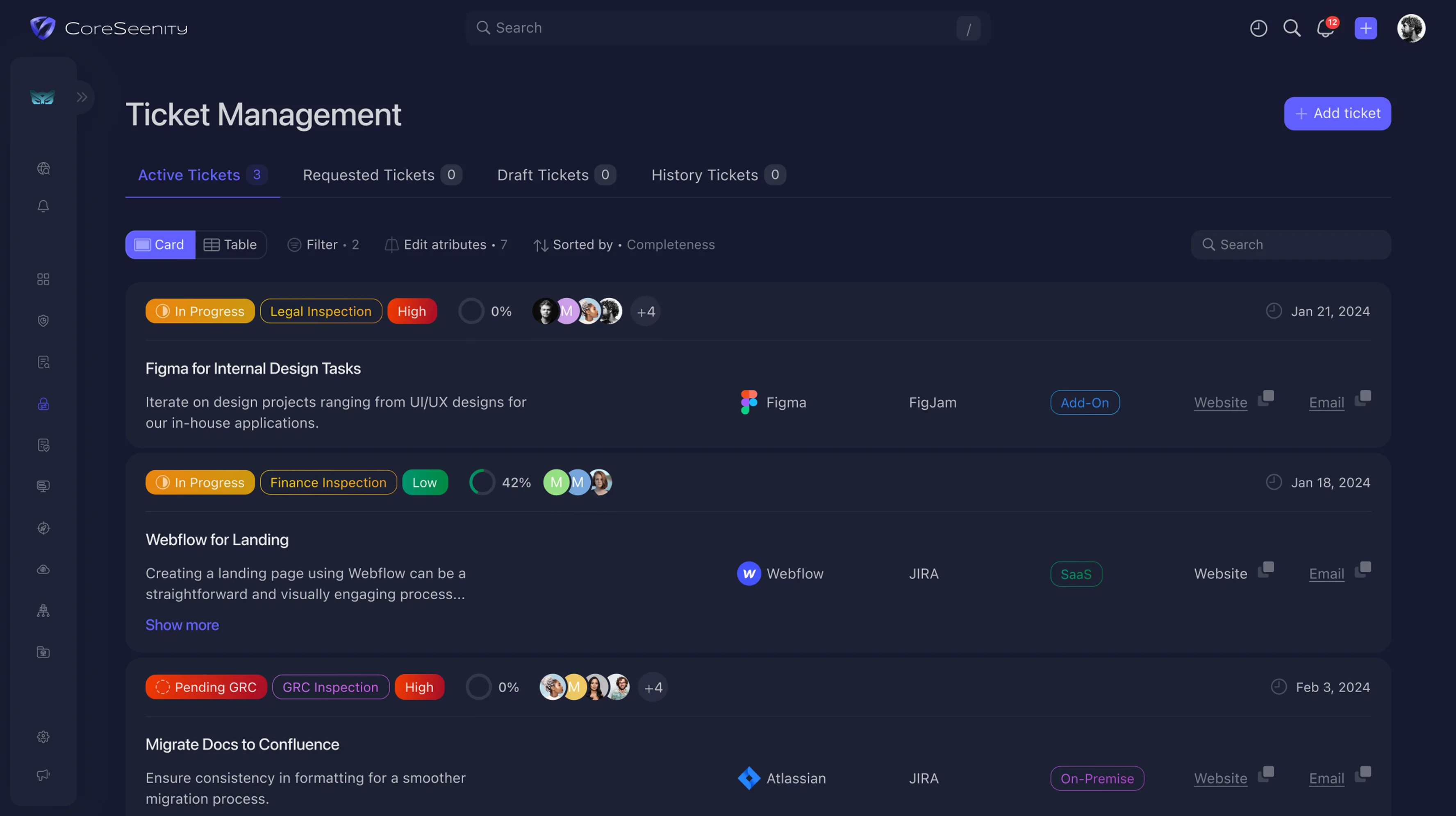 CoreSeenity Supplier Management ticket management screen