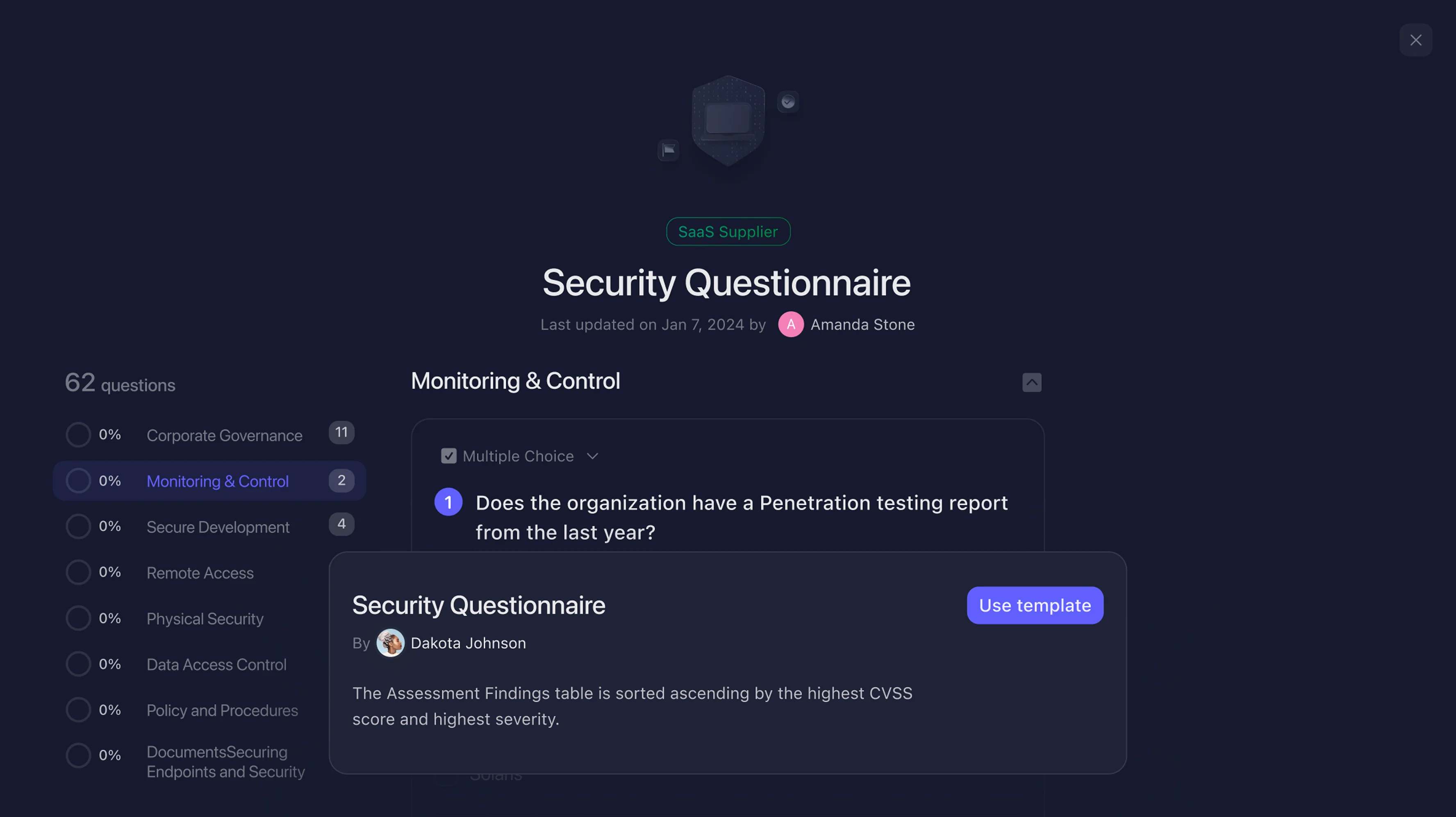 CoreSeenity Supplier Management questionnaire template builder