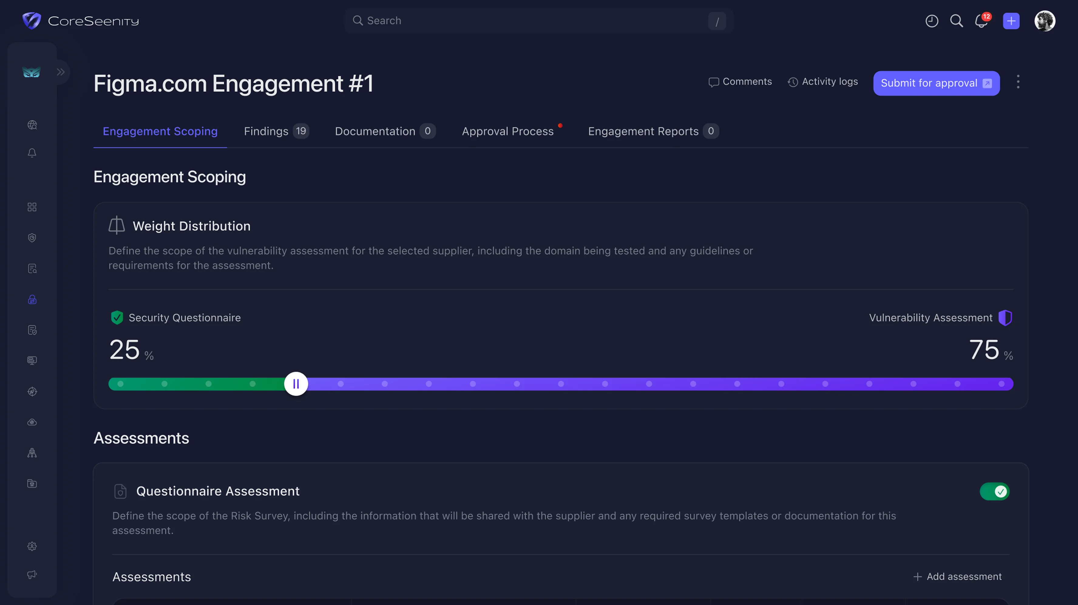 CoreSeenity Supplier Management active engagements screen