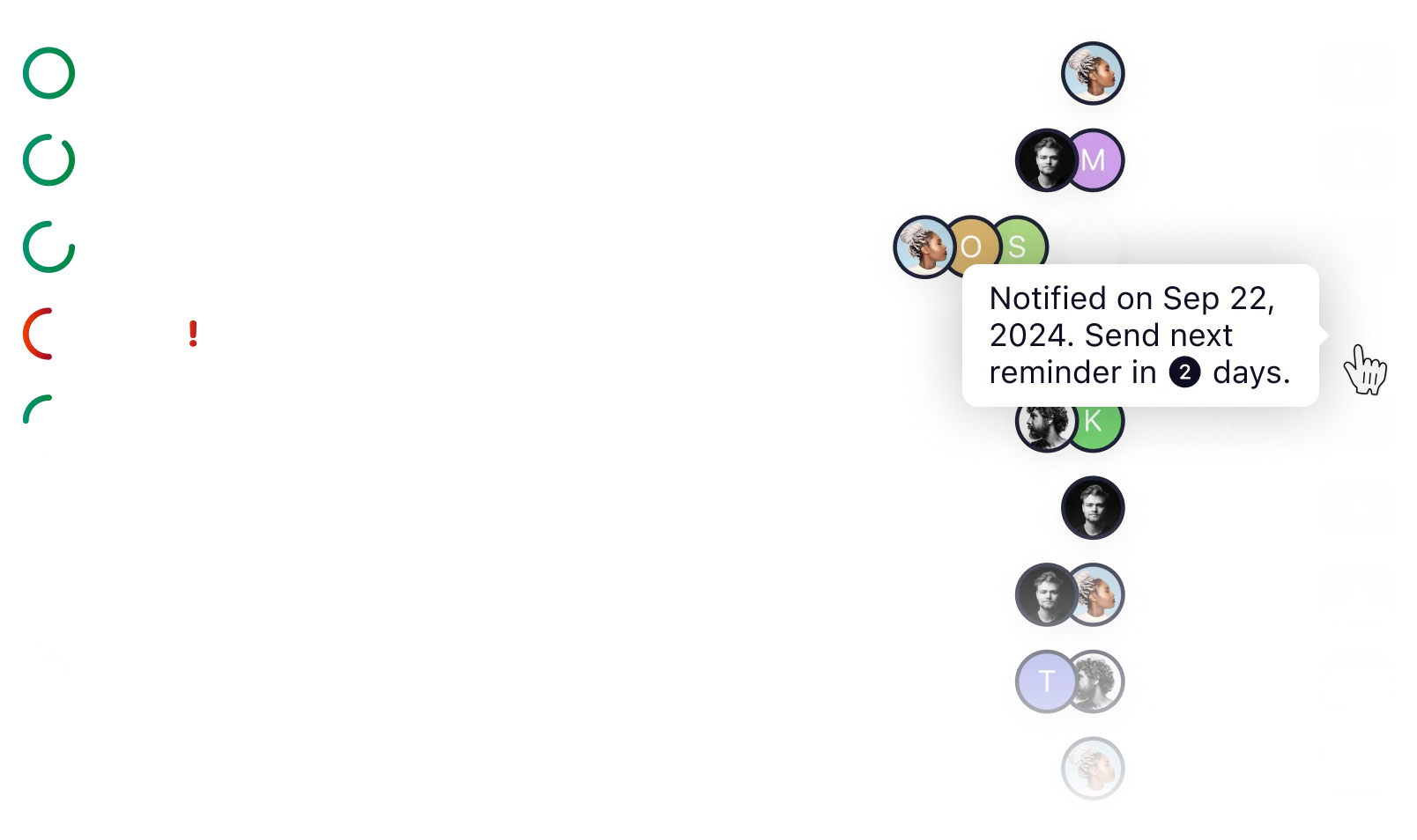 CoreSeenity section progress list with a reminder notification tooltip