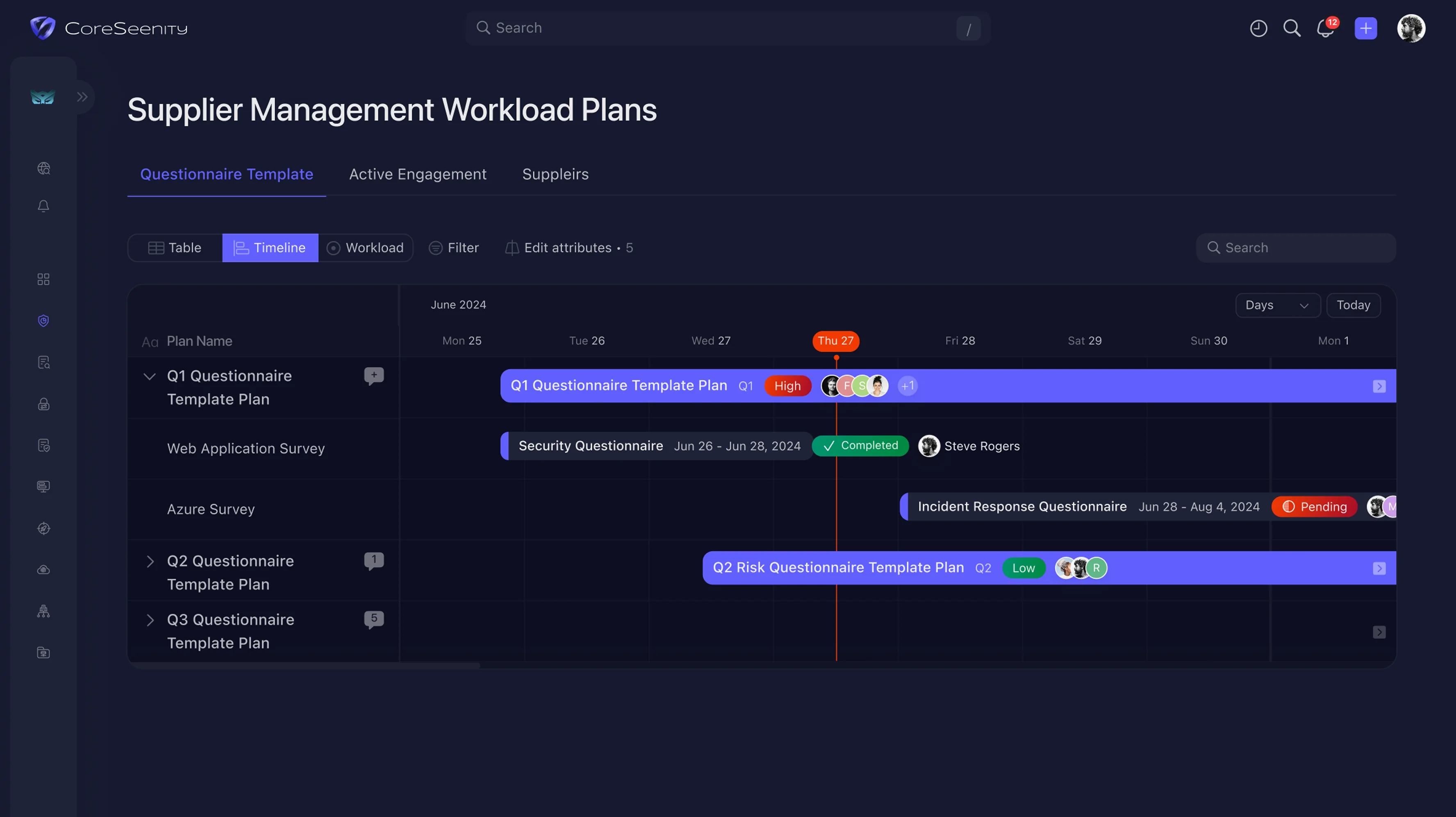 CoreSeenity Supplier Management workload plans timeline