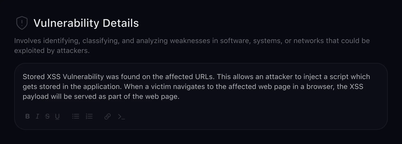 Vulnerability details describing a stored XSS finding