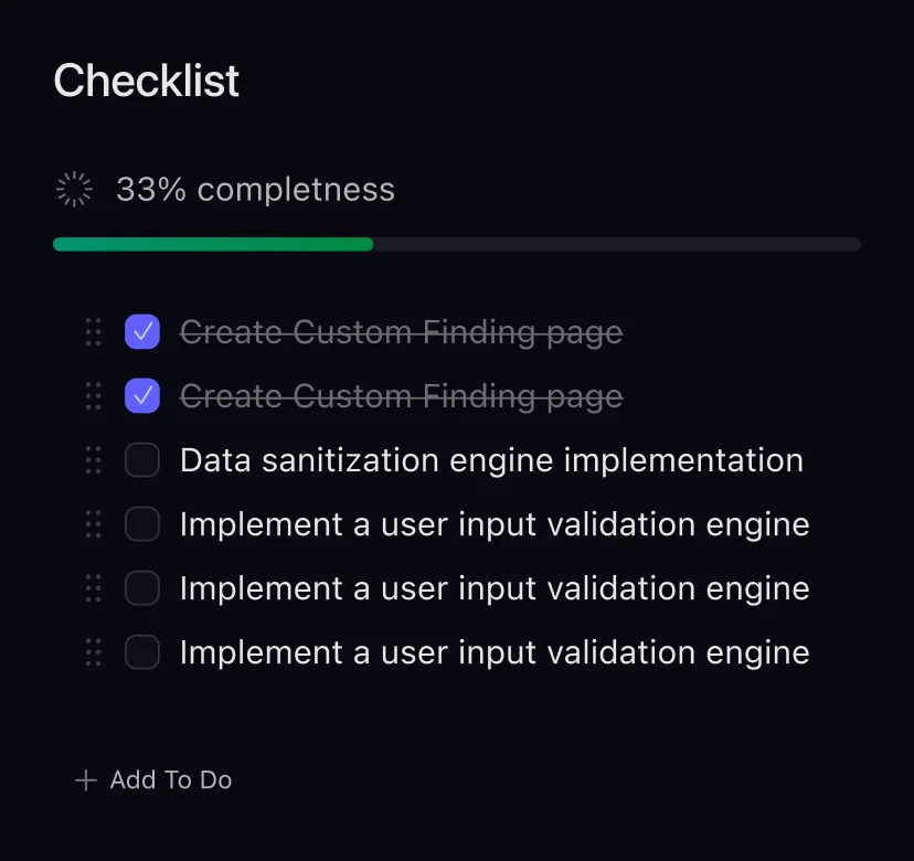 Finding remediation checklist showing 33% completion