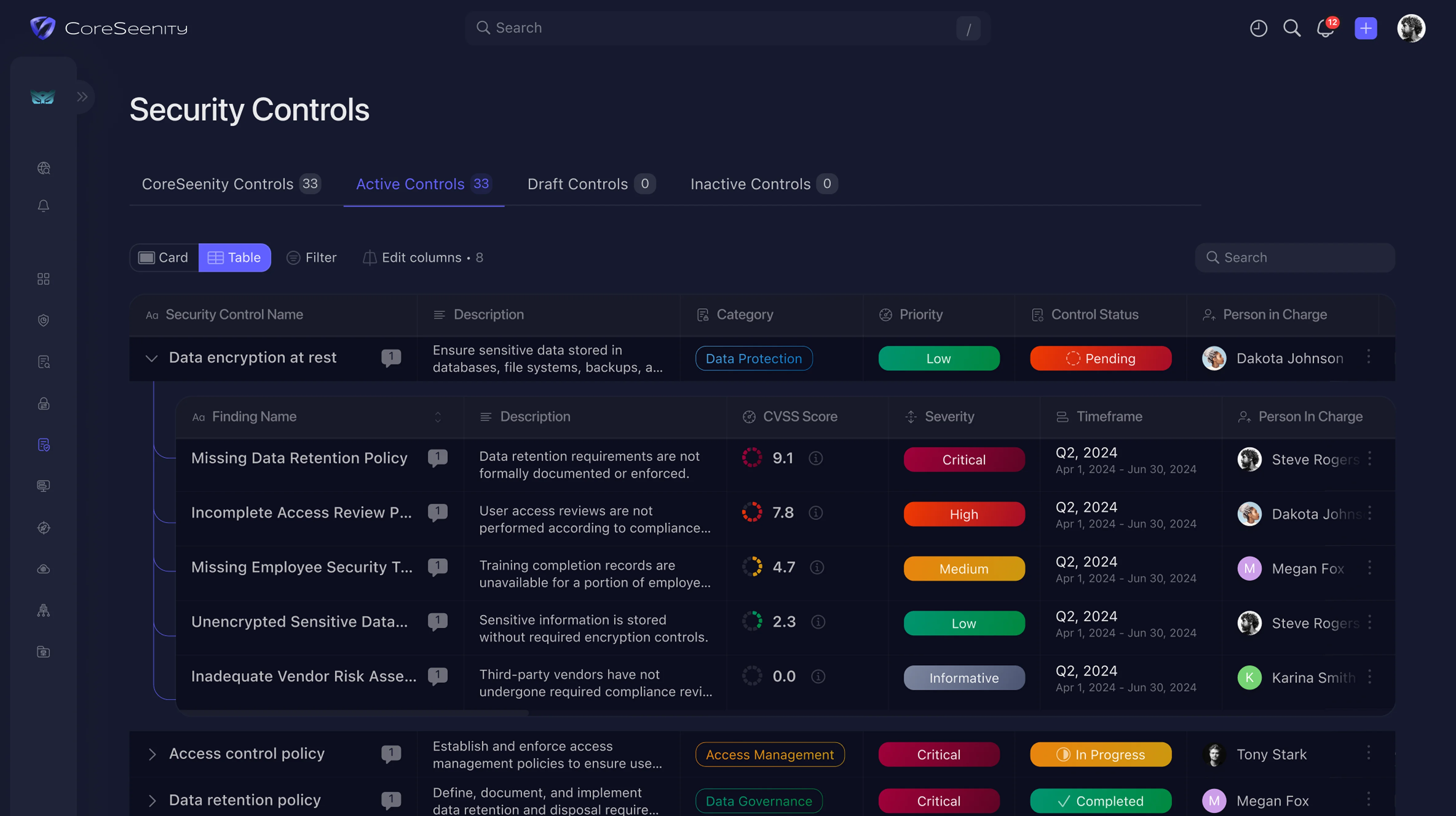 CoreSeenity Compliance Management security controls screen