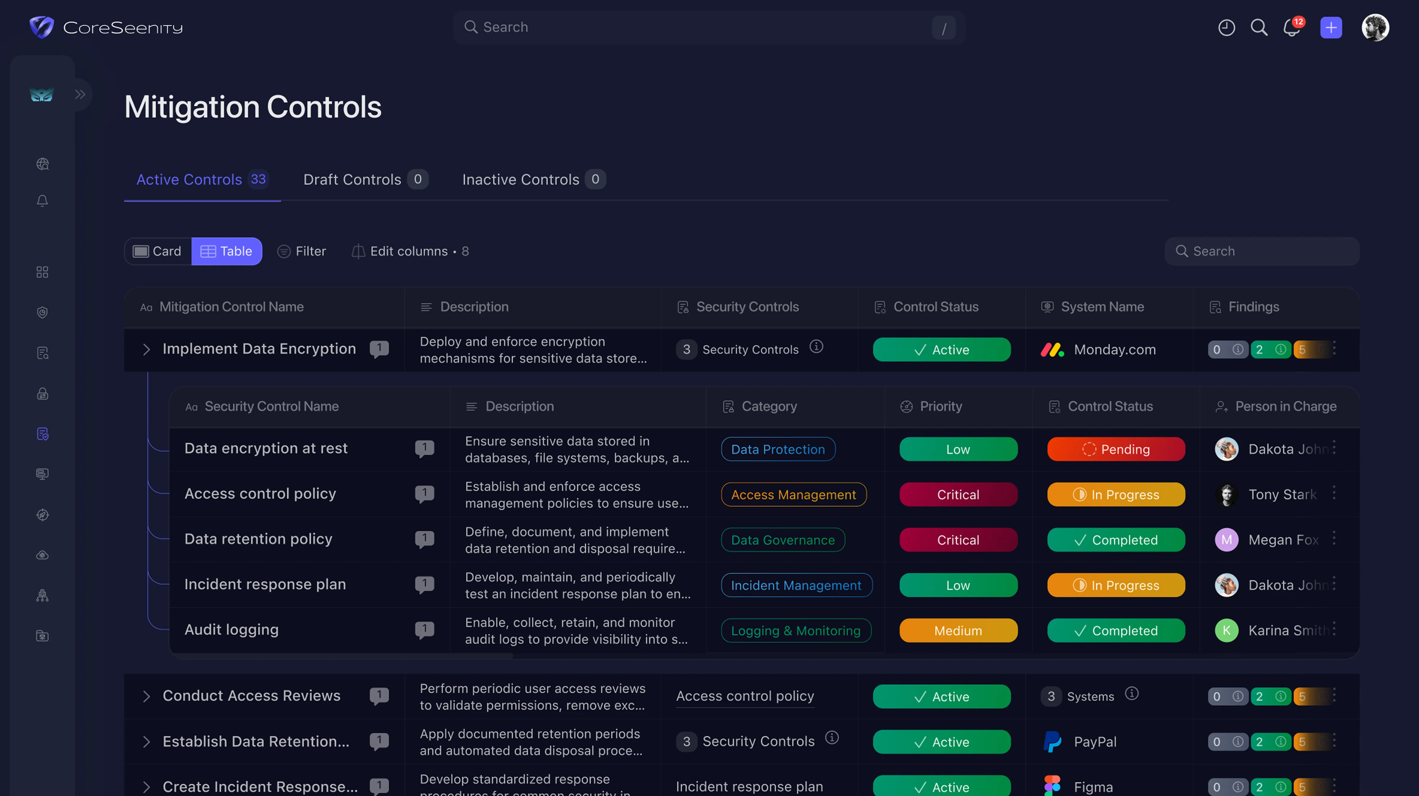 CoreSeenity Compliance Management mitigation controls screen