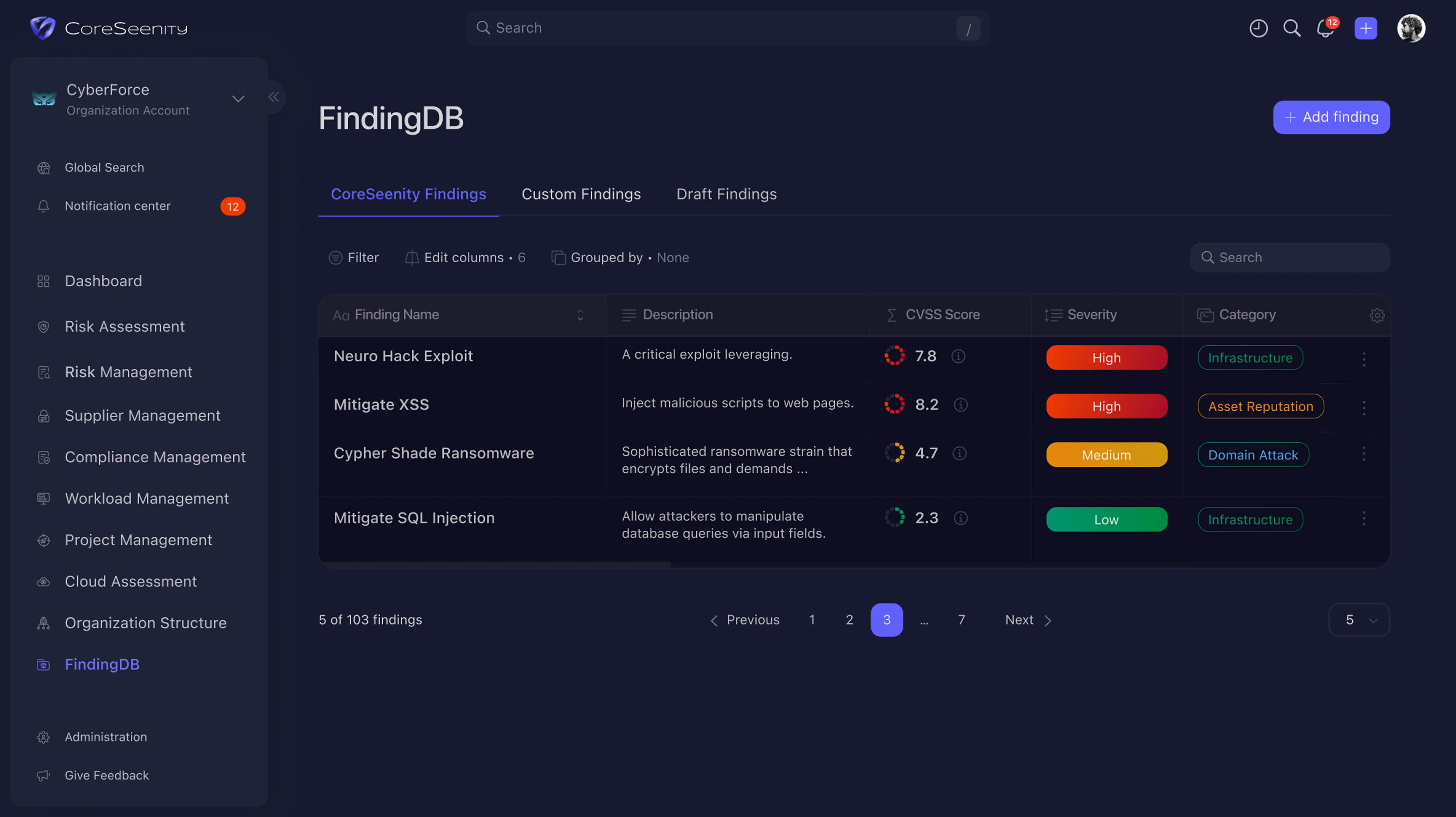 CoreSeenity FindingDB list of findings with CVSS score, severity and category